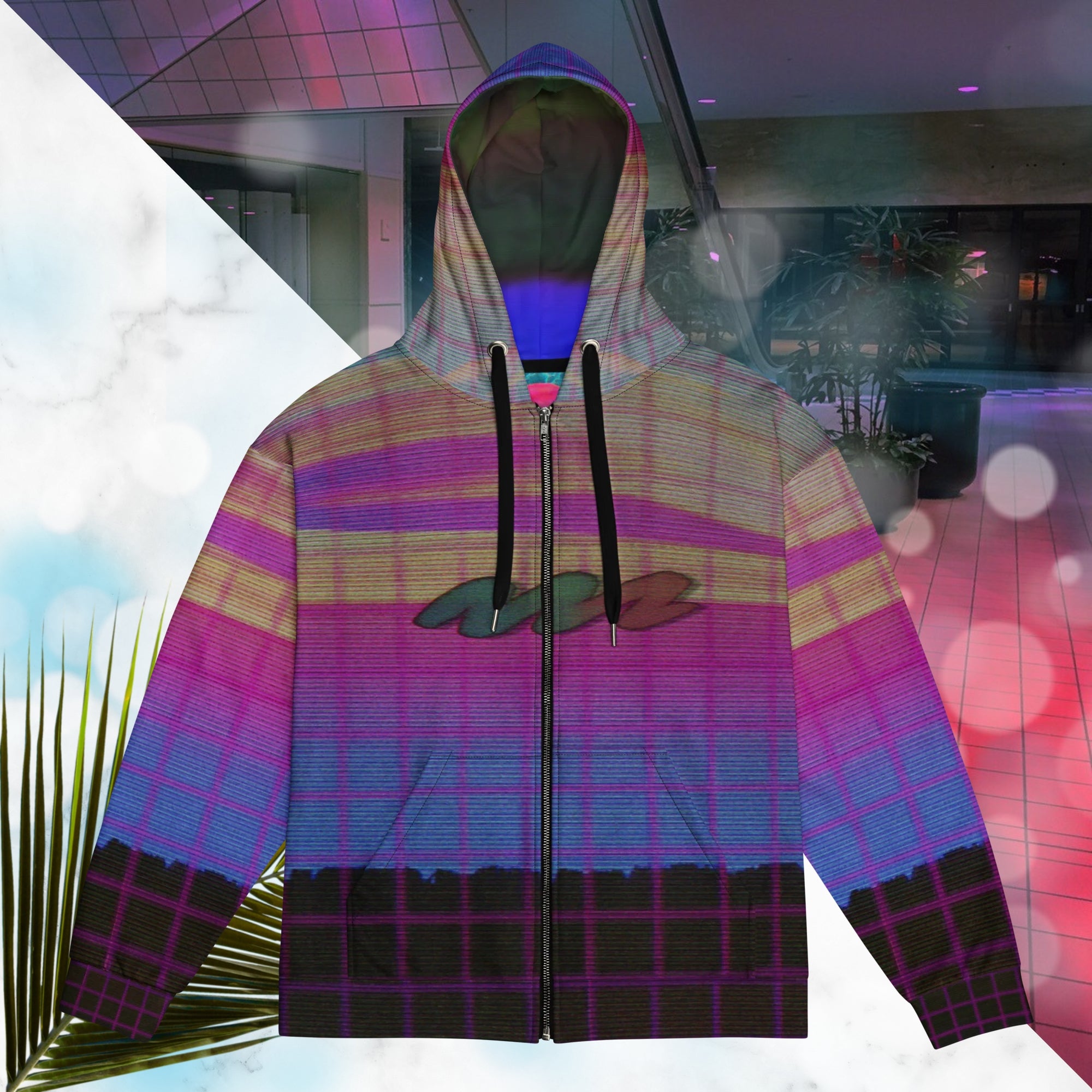 Multicolor all over print zip hoodie with digital ocean sunset water fades rom blue to pink black rocky cliff at bottom overlayed with pink grid and Neon Pools abstract zigzag on front with detailed grainy VHS CRT TV distortion and neon blue and darkened version of same image in inner hood