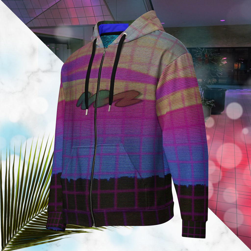 Multicolor all over print zip hoodie with digital ocean sunset water fades rom blue to pink black rocky cliff at bottom overlayed with pink grid and Neon Pools abstract zigzag on front with detailed grainy VHS CRT TV distortion and neon blue and darkened version of same image in inner hood