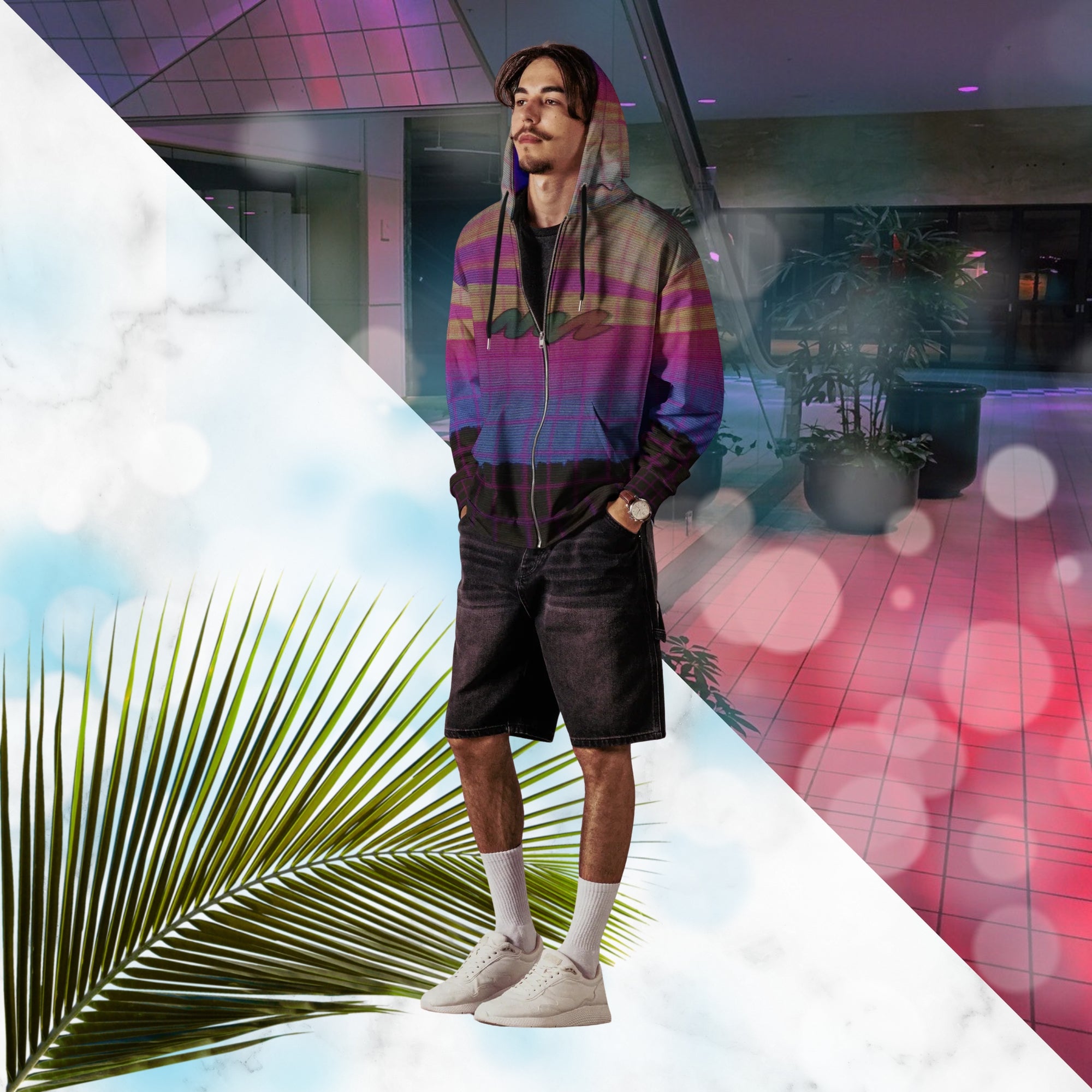 Multicolor all over print zip hoodie with digital ocean sunset water fades rom blue to pink black rocky cliff at bottom overlayed with pink grid and Neon Pools abstract zigzag on front with detailed grainy VHS CRT TV distortion and neon blue and darkened version of same image in inner hood