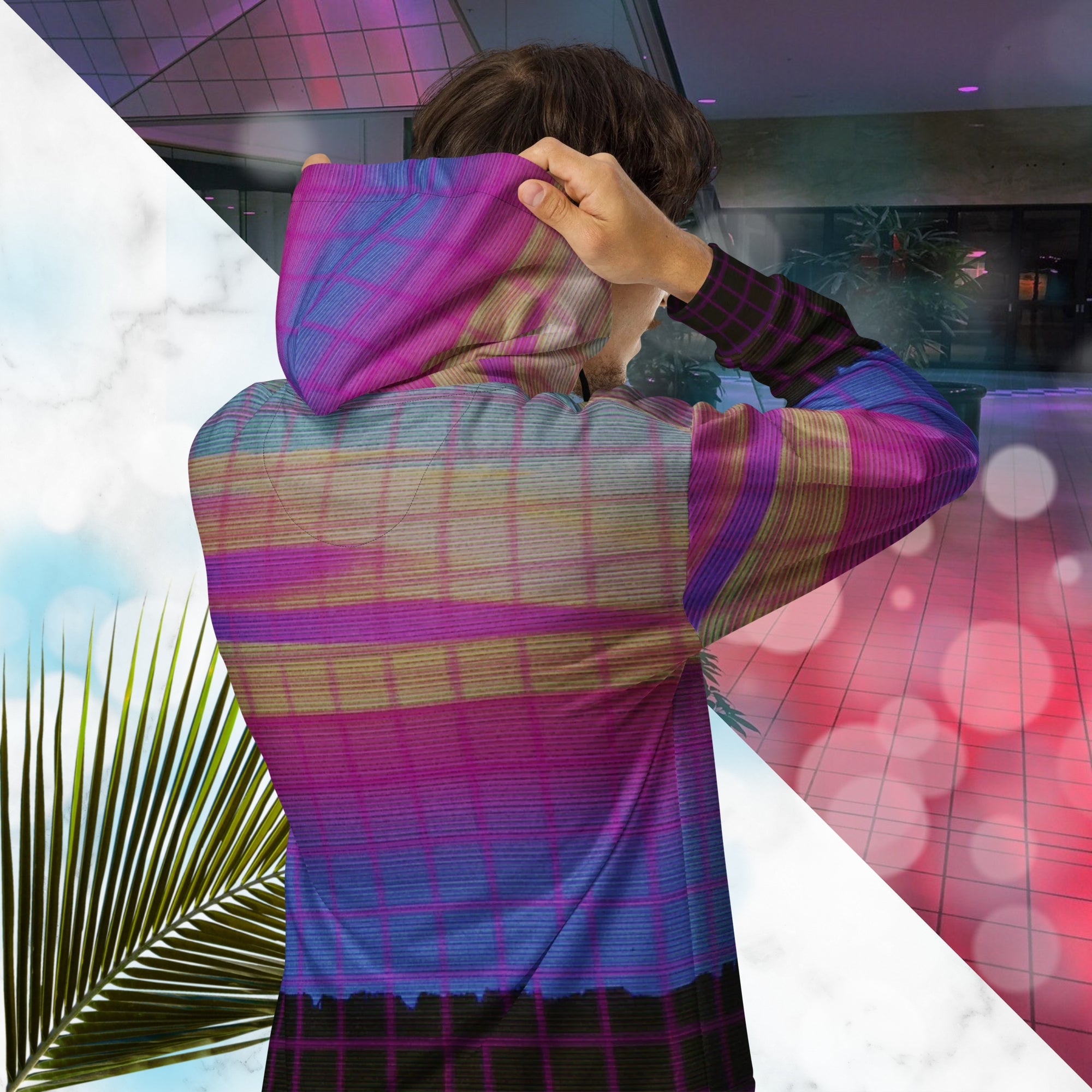 Multicolor all over print zip hoodie with digital ocean sunset water fades rom blue to pink black rocky cliff at bottom overlayed with pink grid and Neon Pools abstract zigzag on front with detailed grainy VHS CRT TV distortion and neon blue and darkened version of same image in inner hood
