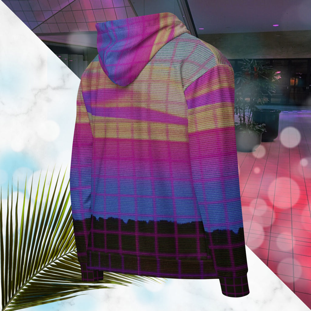 Multicolor all over print zip hoodie with digital ocean sunset water fades rom blue to pink black rocky cliff at bottom overlayed with pink grid and Neon Pools abstract zigzag on front with detailed grainy VHS CRT TV distortion and neon blue and darkened version of same image in inner hood