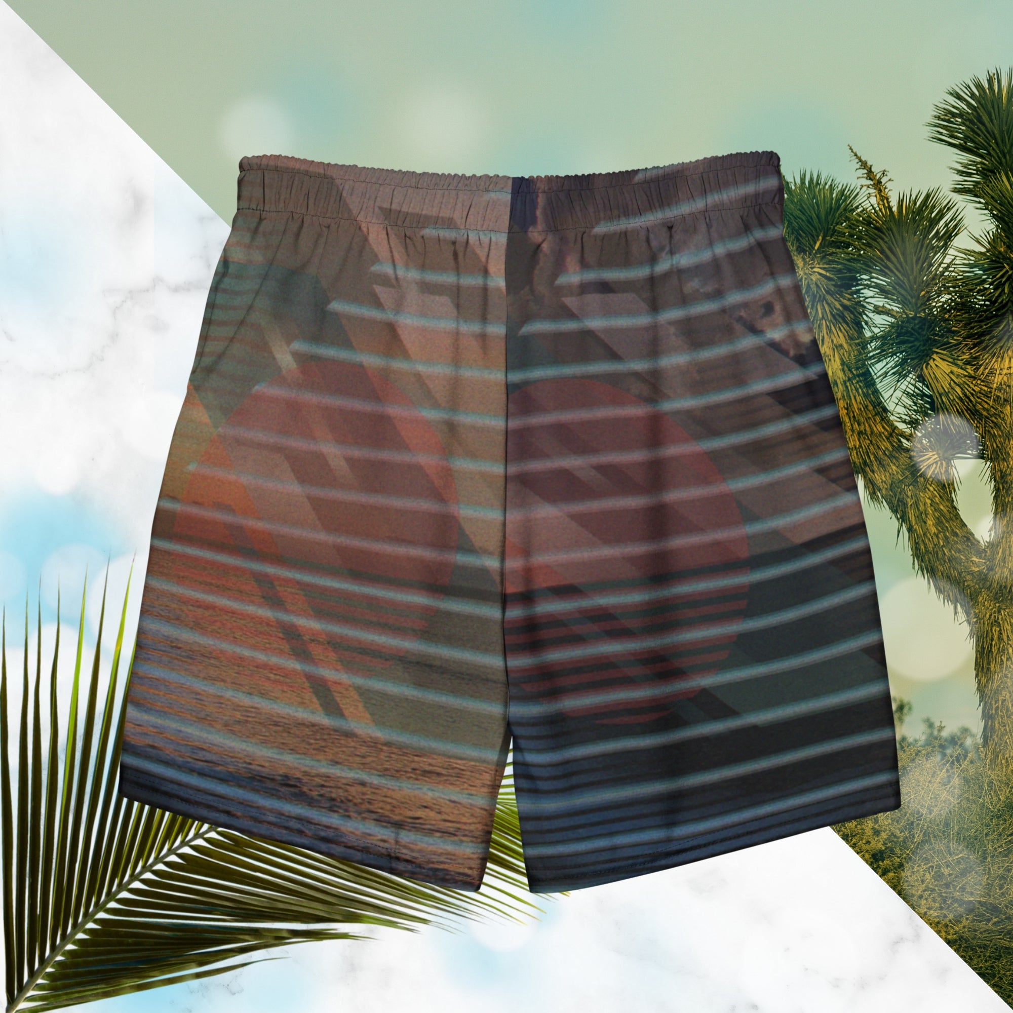 Full color all over print swim trunks with retro ocean sunset with shimmering water photo overlayed with transparent stripes and graphic shapes in a 1980s memphis design style partial stripes and a transparent vaporwave broken sun in coral tone with detailed vhs distortion effects