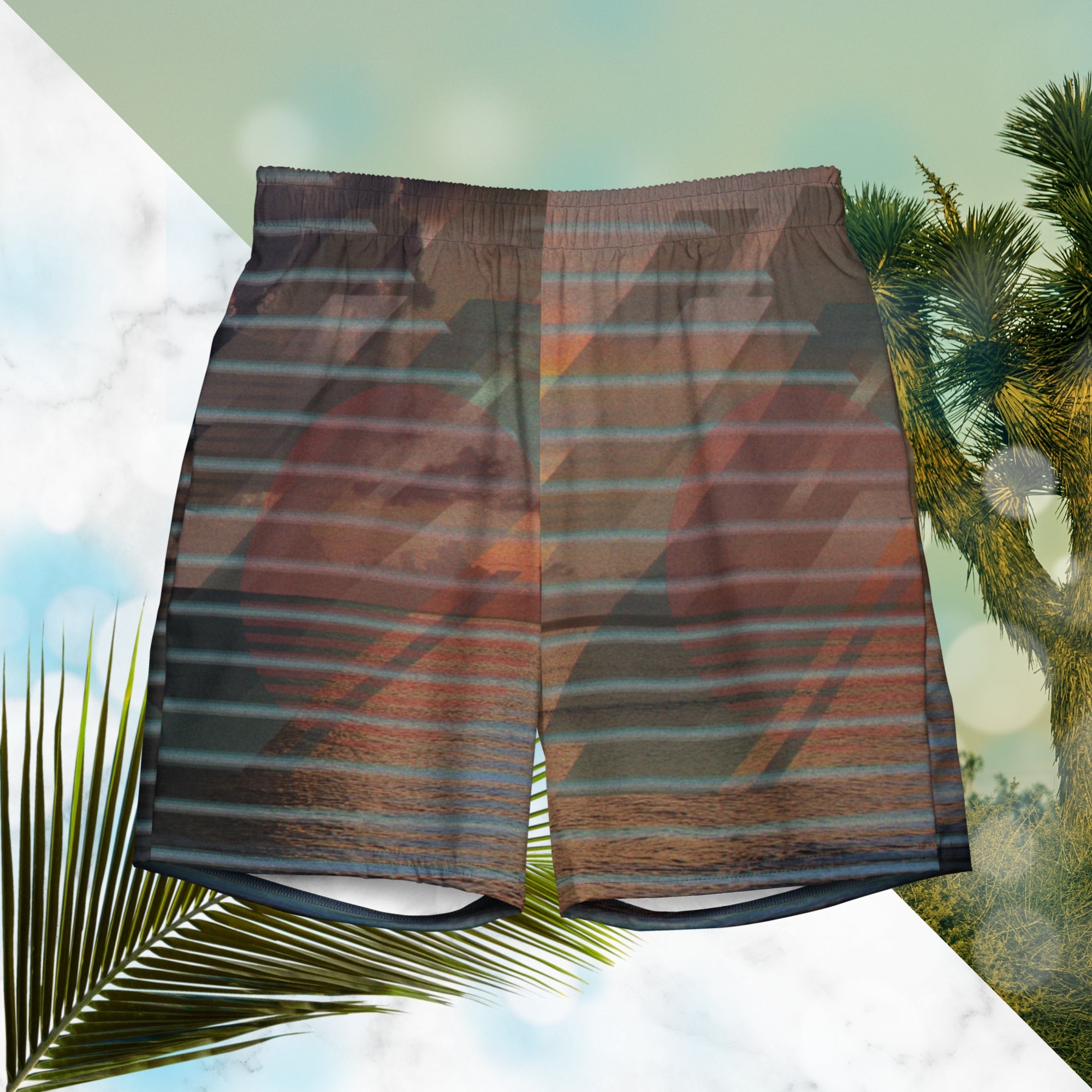 Full color all over print swim trunks with retro ocean sunset with shimmering water photo overlayed with transparent stripes and graphic shapes in a 1980s memphis design style partial stripes and a transparent vaporwave broken sun in coral tone with detailed vhs distortion effects
