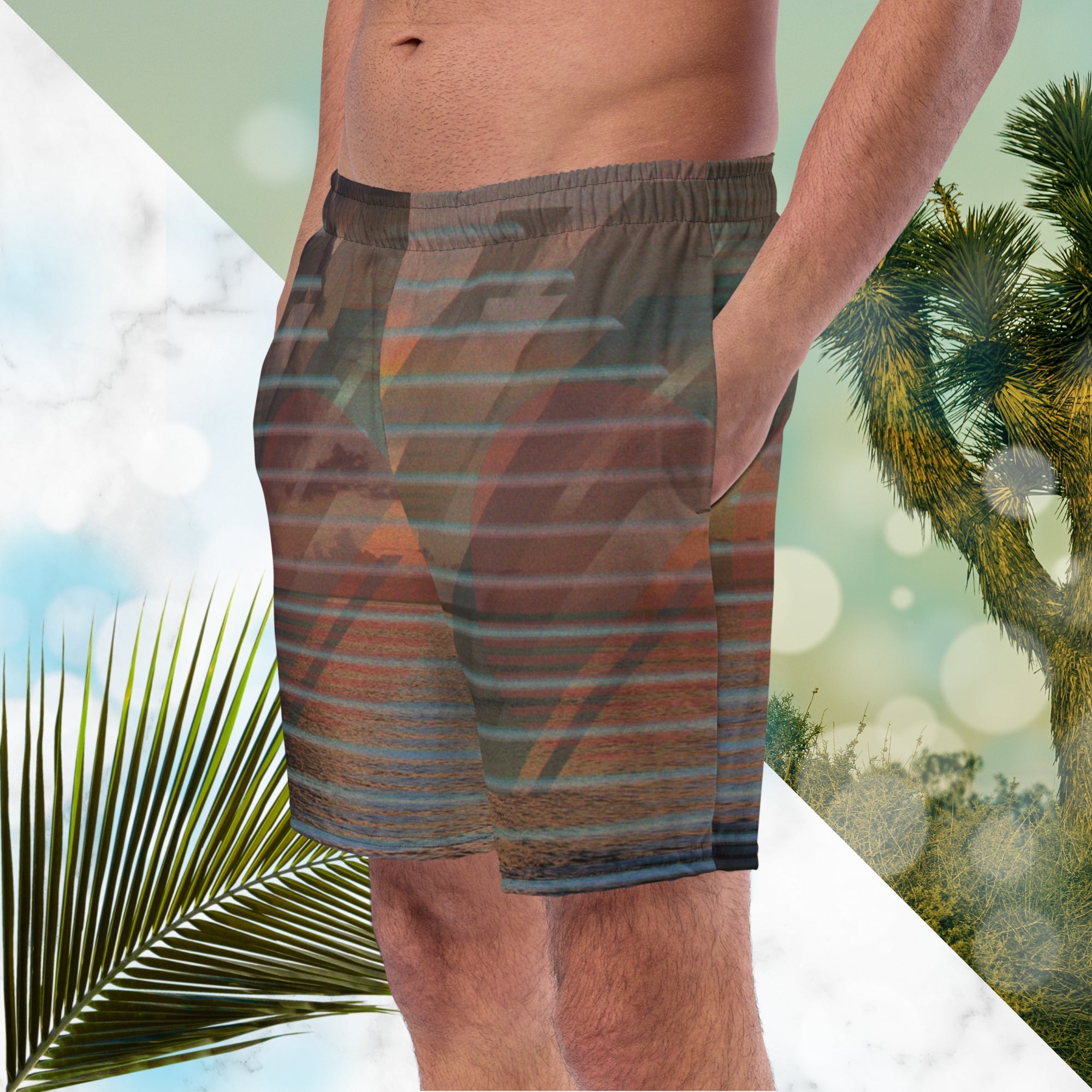 Full color all over print swim trunks with retro ocean sunset with shimmering water photo overlayed with transparent stripes and graphic shapes in a 1980s memphis design style partial stripes and a transparent vaporwave broken sun in coral tone with detailed vhs distortion effects
