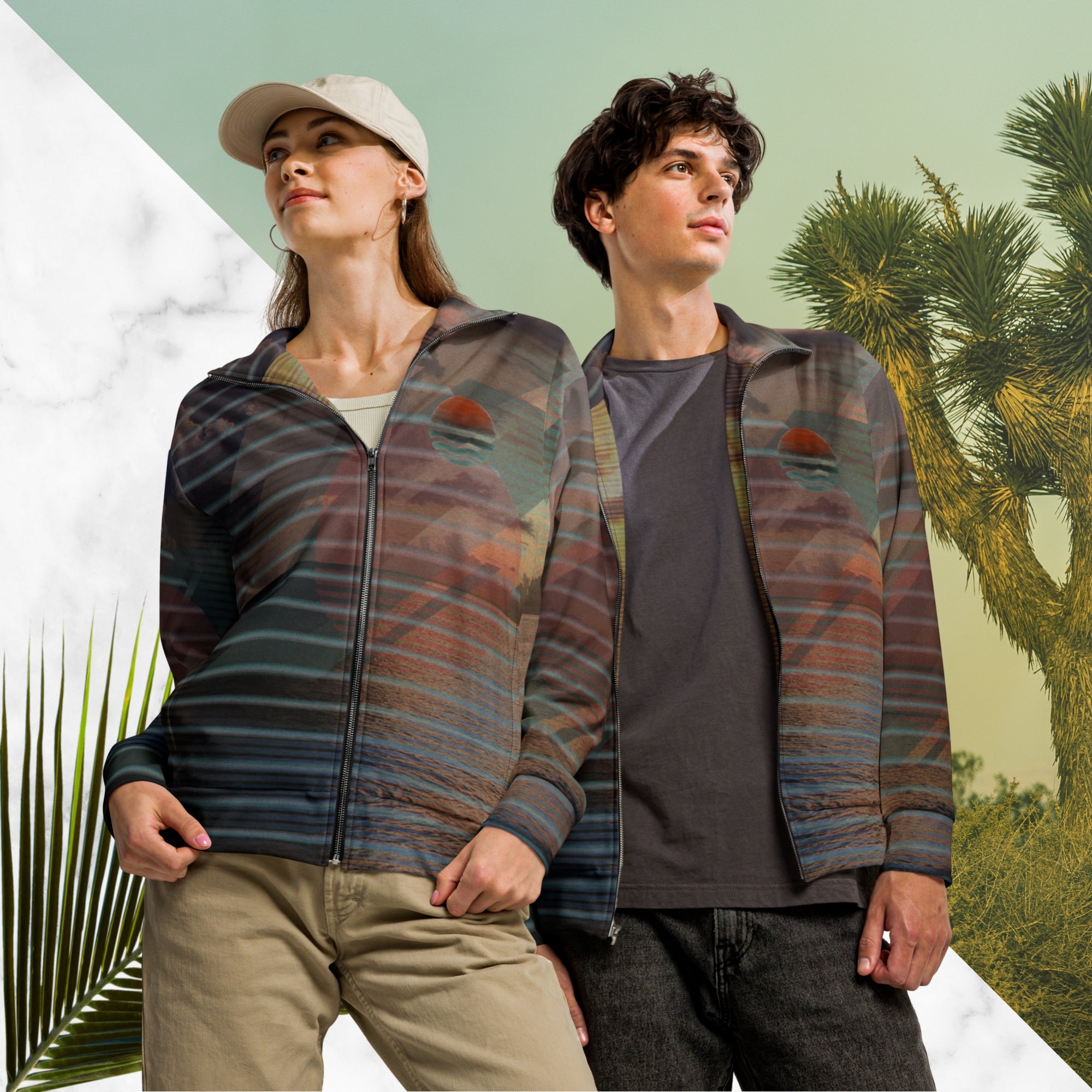 Full color all over print track jacket with retro ocean sunset with shimmering water photo overlayed with transparent stripes and graphic shapes in a 1980s memphis design style partial stripes and a transparent vaporwave broken sun in coral tone neon pools broken sun and waves logo emblem at left chest
