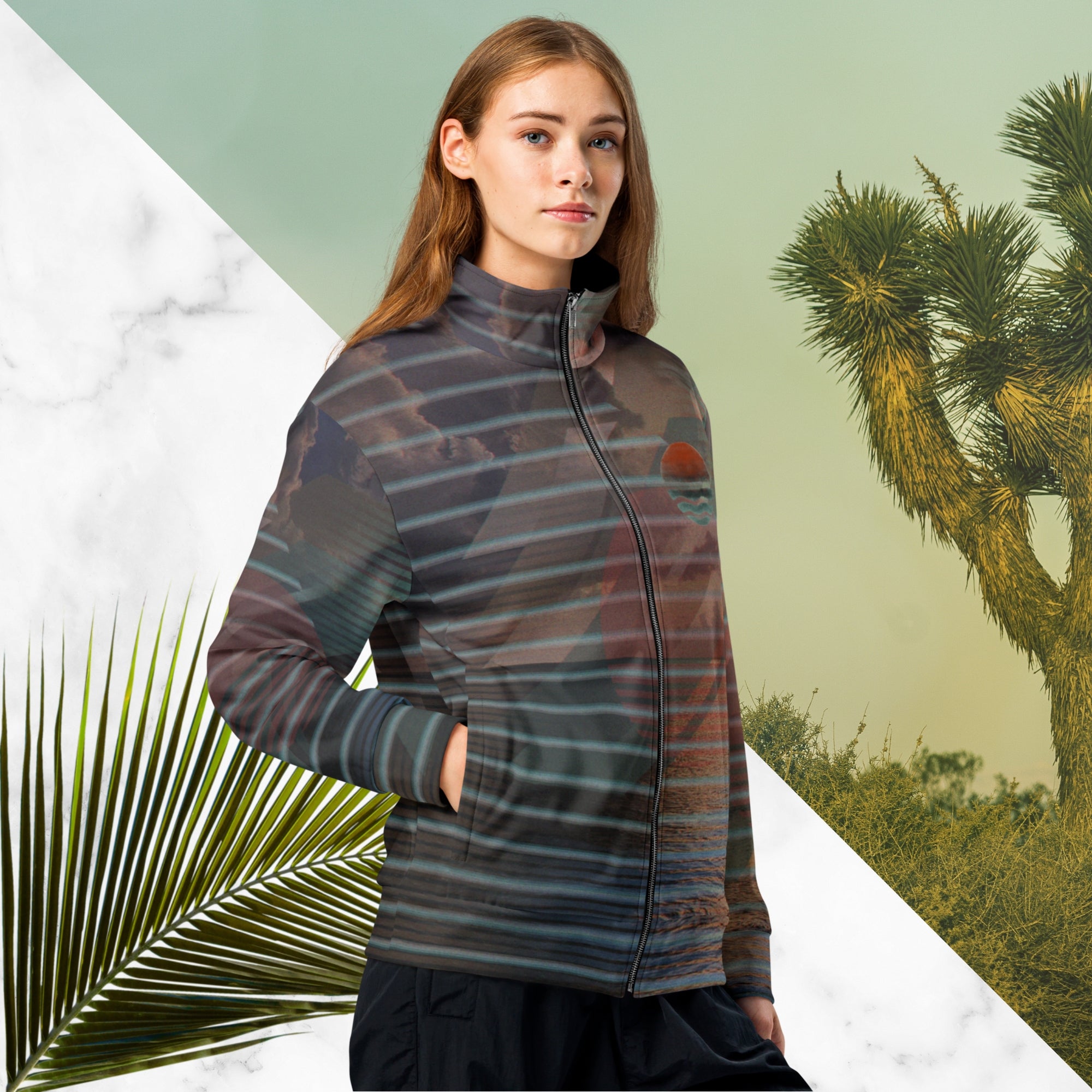 Full color all over print track jacket with retro ocean sunset with shimmering water photo overlayed with transparent stripes and graphic shapes in a 1980s memphis design style partial stripes and a transparent vaporwave broken sun in coral tone neon pools broken sun and waves logo emblem at left chest