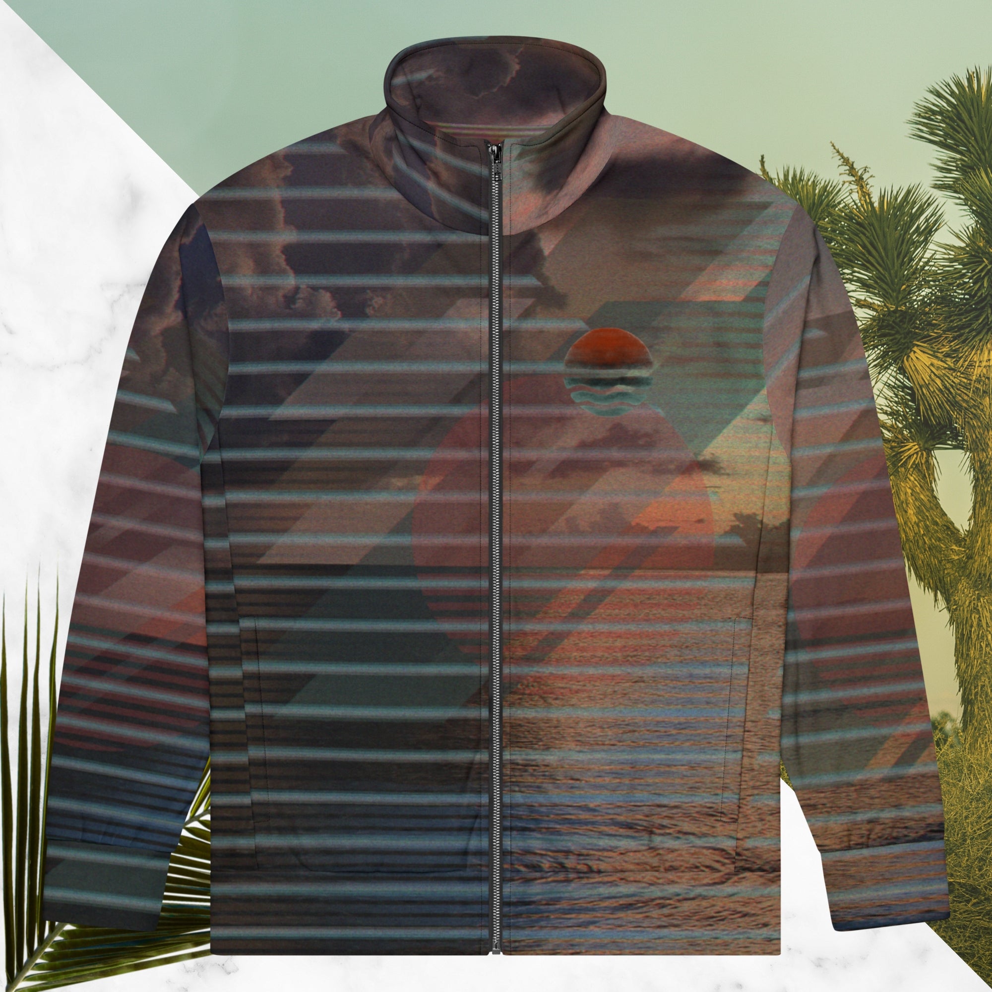 Full color all over print track jacket with retro ocean sunset with shimmering water photo overlayed with transparent stripes and graphic shapes in a 1980s memphis design style partial stripes and a transparent vaporwave broken sun in coral tone neon pools broken sun and waves logo emblem at left chest