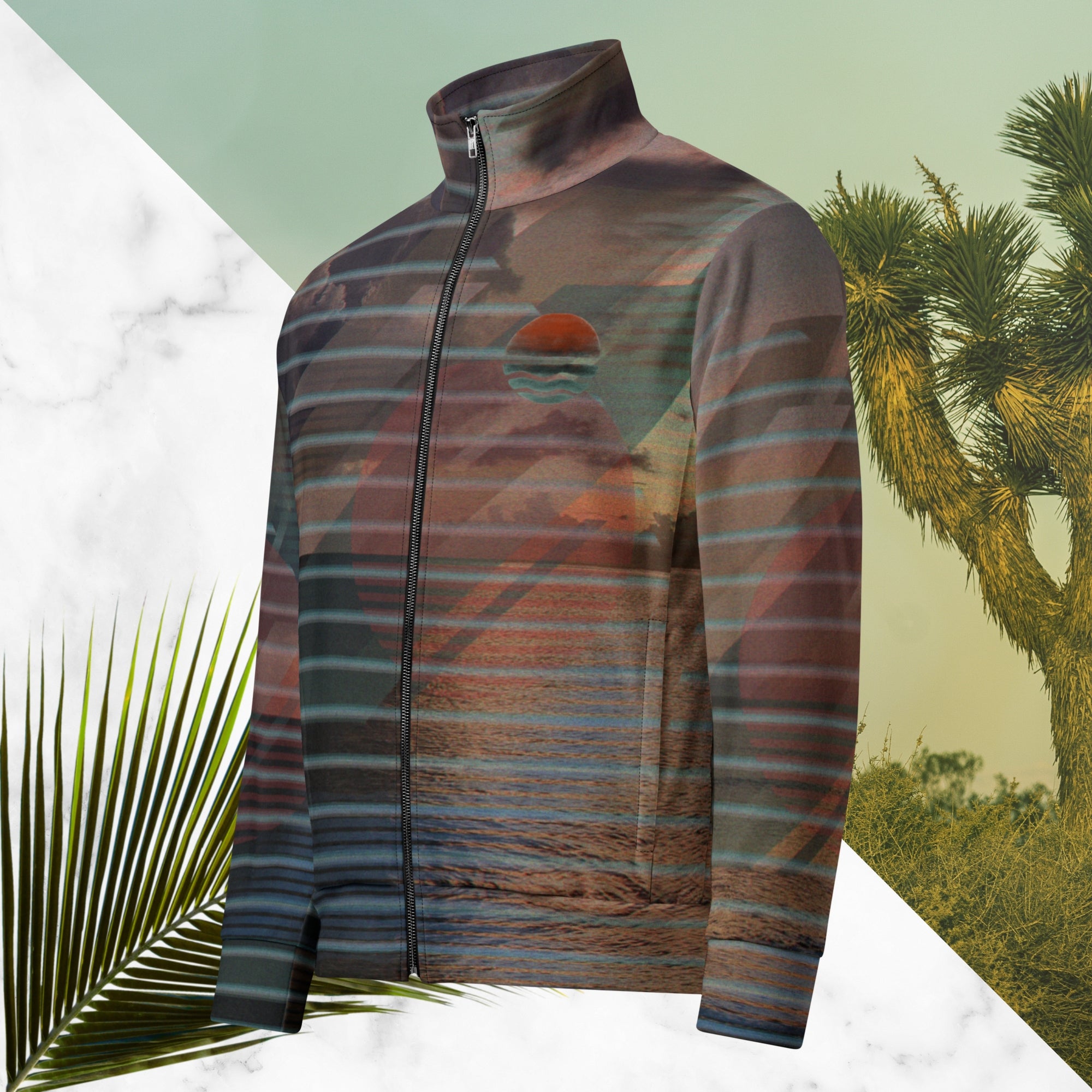Full color all over print track jacket with retro ocean sunset with shimmering water photo overlayed with transparent stripes and graphic shapes in a 1980s memphis design style partial stripes and a transparent vaporwave broken sun in coral tone neon pools broken sun and waves logo emblem at left chest
