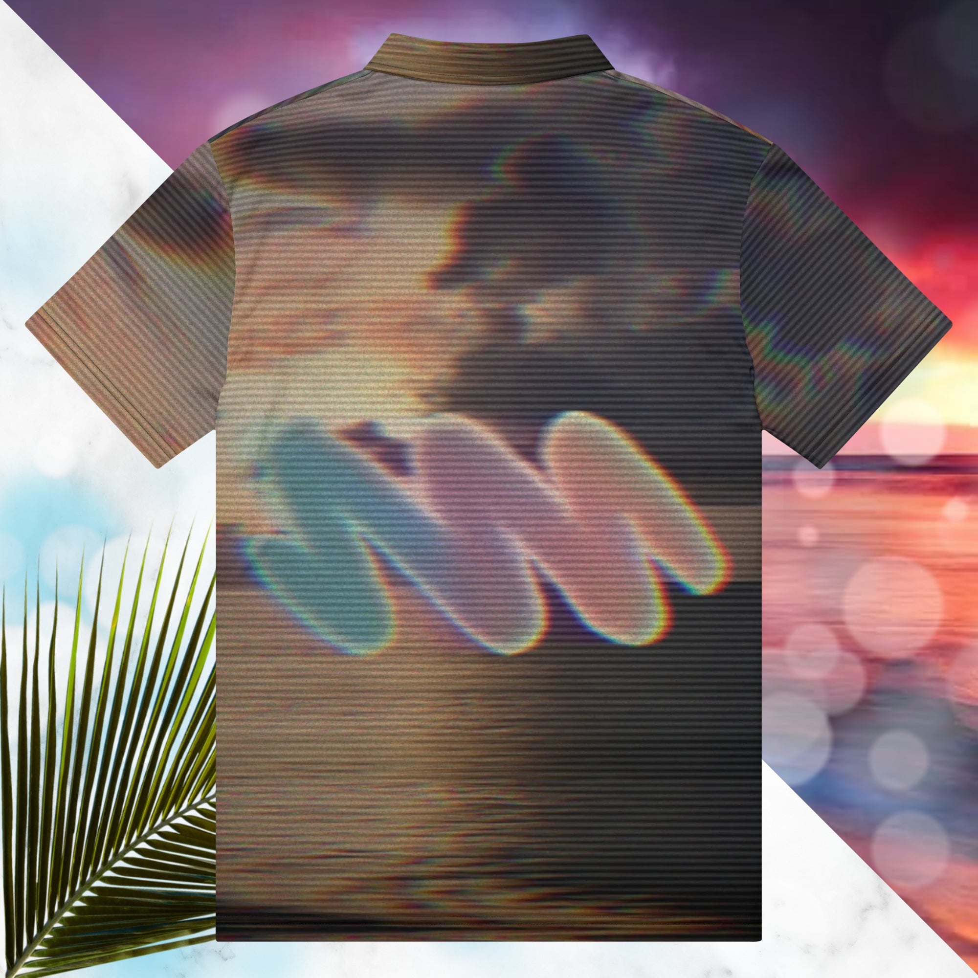 Multicolored all over print polo shirt depicting a sunset with an overall amber hue and grey clouds with RGB glow and distortion effects and scan lines blending with the image overlayed with a large Neon Pools abstract zigzag emblem fading from coral to violet to teal in a retro spray paint effect