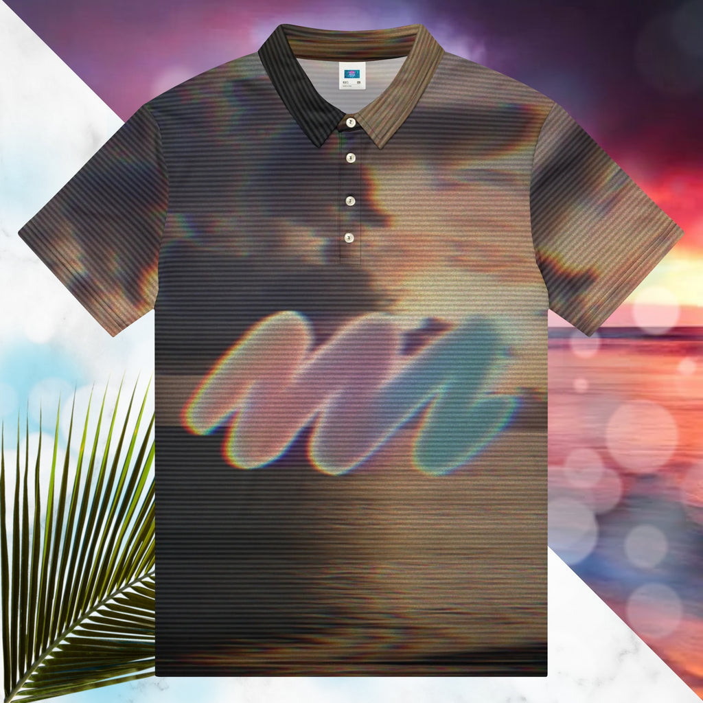 Multicolored all over print polo shirt depicting a sunset with an overall amber hue and grey clouds with RGB glow and distortion effects and scan lines blending with the image overlayed with a large Neon Pools abstract zigzag emblem fading from coral to violet to teal in a retro spray paint effect