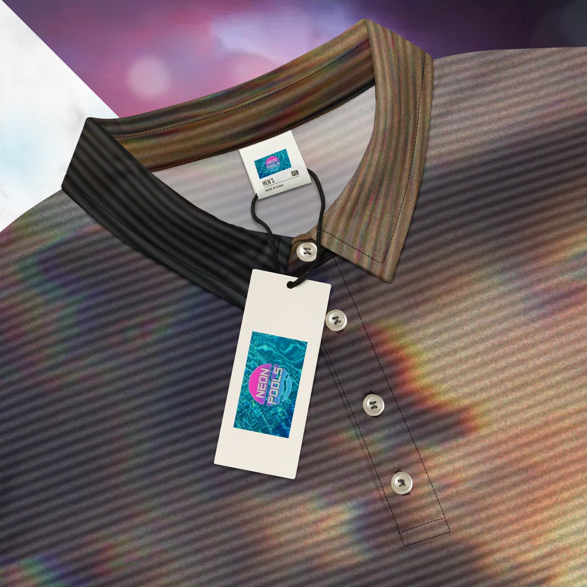 Closeup of the collar and label with Neon Pools insignia on multicolored all over print polo shirt depicting a sunset with an overall amber hue and grey clouds with RGB glow and distortion effects and scan lines blending with the image overlayed with a large Neon Pools abstract zigzag emblem fading from coral to violet to teal in a retro spray paint effect