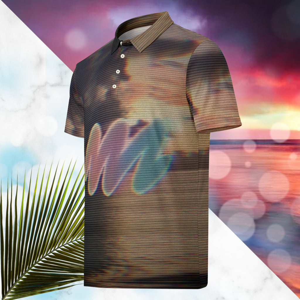 Multicolored all over print polo shirt depicting a sunset with an overall amber hue and grey clouds with RGB glow and distortion effects and scan lines blending with the image overlayed with a large Neon Pools abstract zigzag emblem fading from coral to violet to teal in a retro spray paint effect