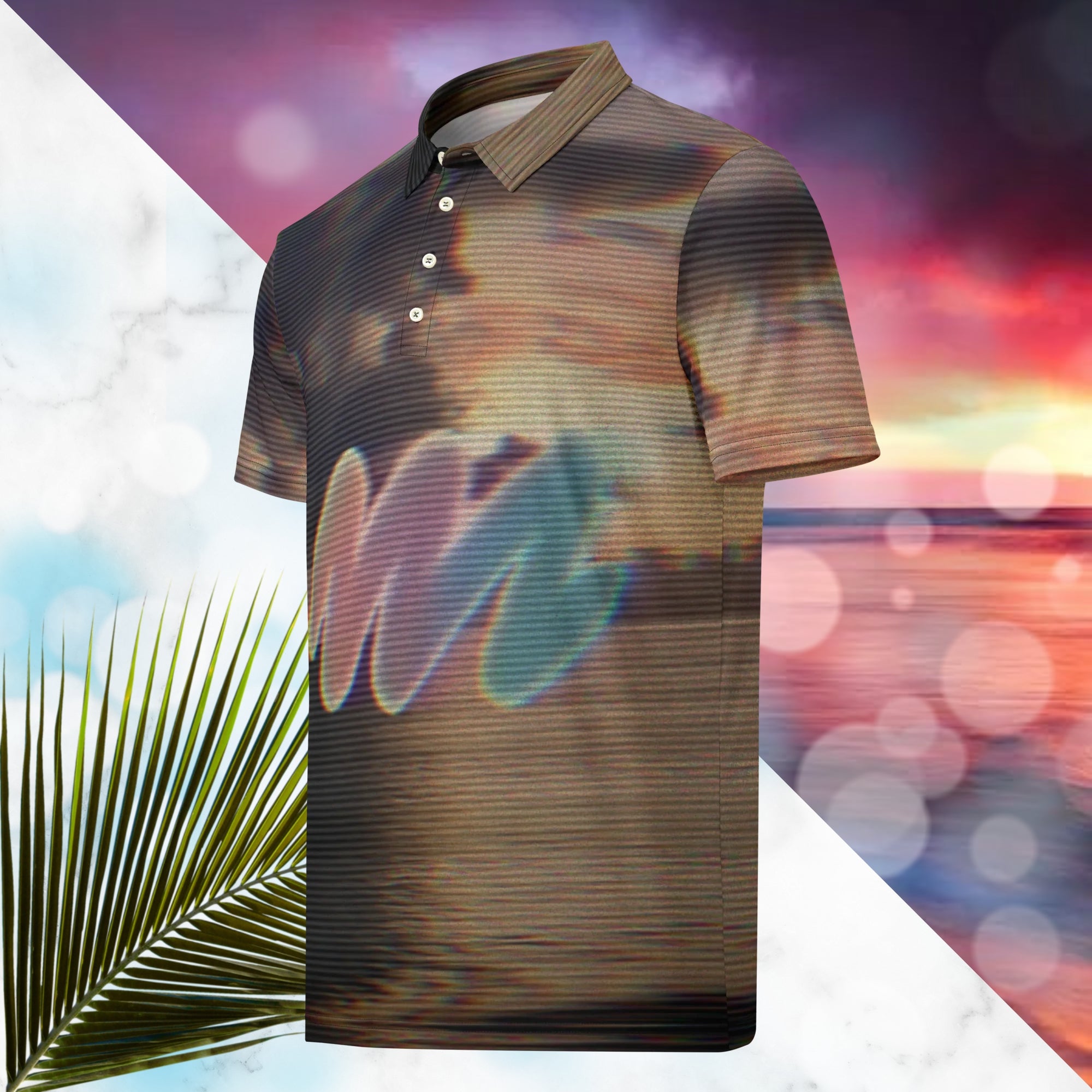 Multicolored all over print polo shirt depicting a sunset with an overall amber hue and grey clouds with RGB glow and distortion effects and scan lines blending with the image overlayed with a large Neon Pools abstract zigzag emblem fading from coral to violet to teal in a retro spray paint effect