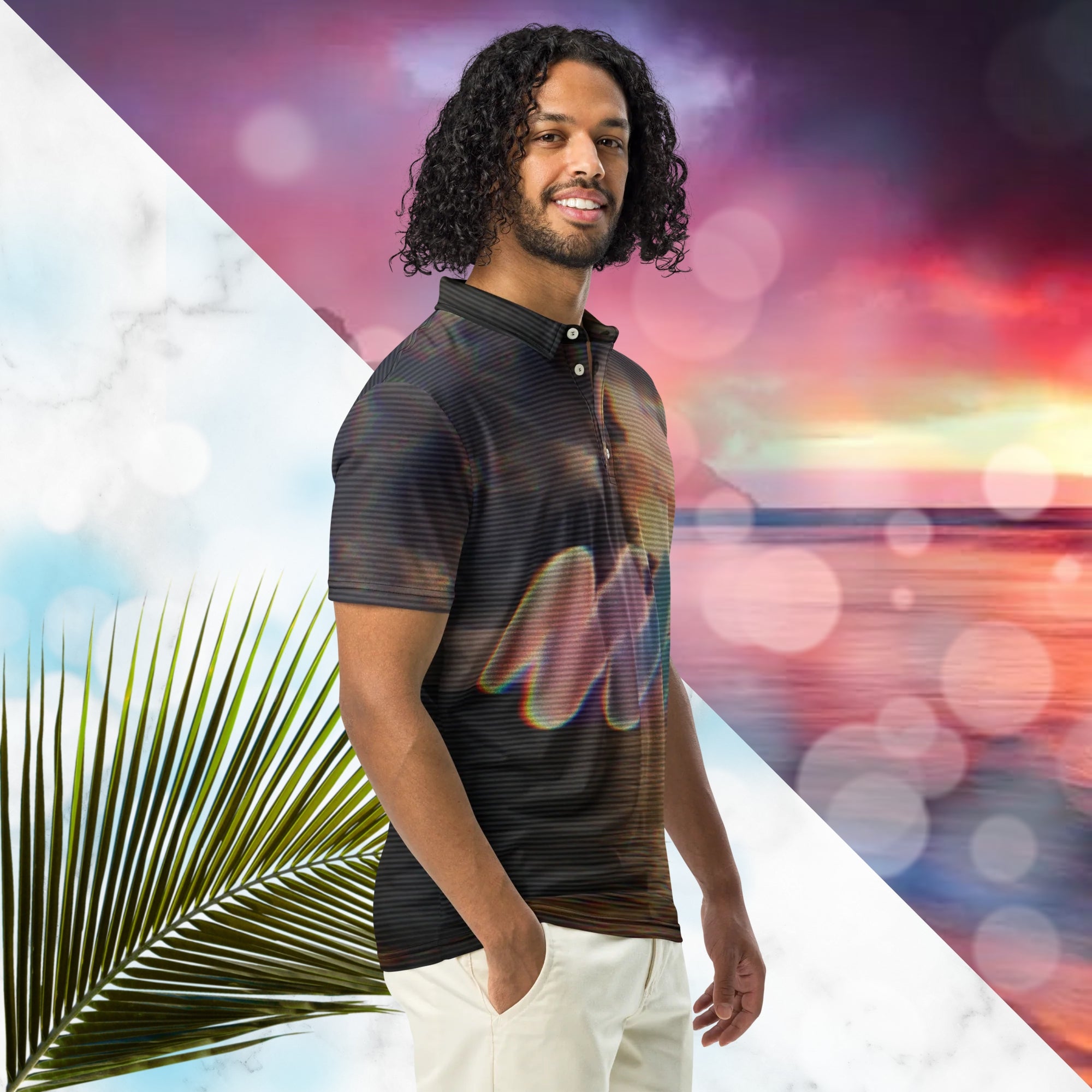 Multicolored all over print polo shirt depicting a sunset with an overall amber hue and grey clouds with RGB glow and distortion effects and scan lines blending with the image overlayed with a large Neon Pools abstract zigzag emblem fading from coral to violet to teal in a retro spray paint effect