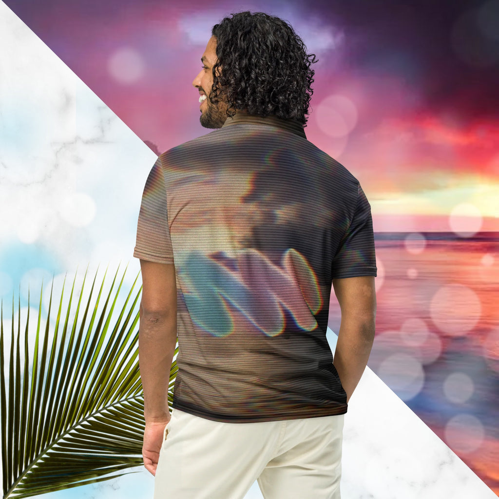 Multicolored all over print polo shirt depicting a sunset with an overall amber hue and grey clouds with RGB glow and distortion effects and scan lines blending with the image overlayed with a large Neon Pools abstract zigzag emblem fading from coral to violet to teal in a retro spray paint effect