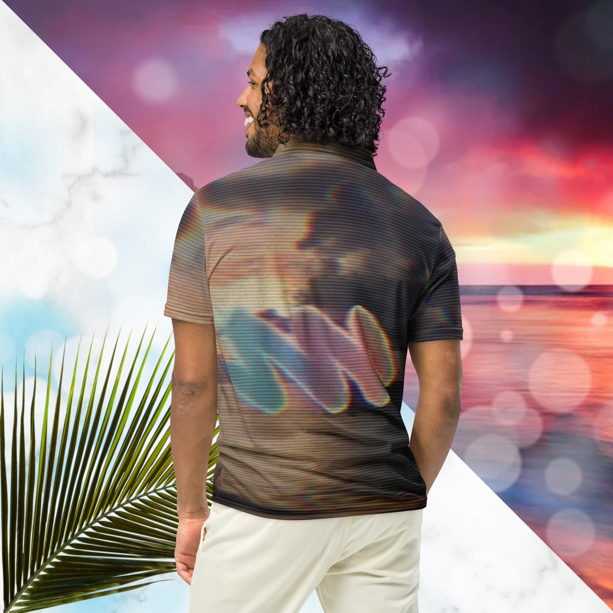 Multicolored all over print polo shirt depicting a sunset with an overall amber hue and grey clouds with RGB glow and distortion effects and scan lines blending with the image overlayed with a large Neon Pools abstract zigzag emblem fading from coral to violet to teal in a retro spray paint effect
