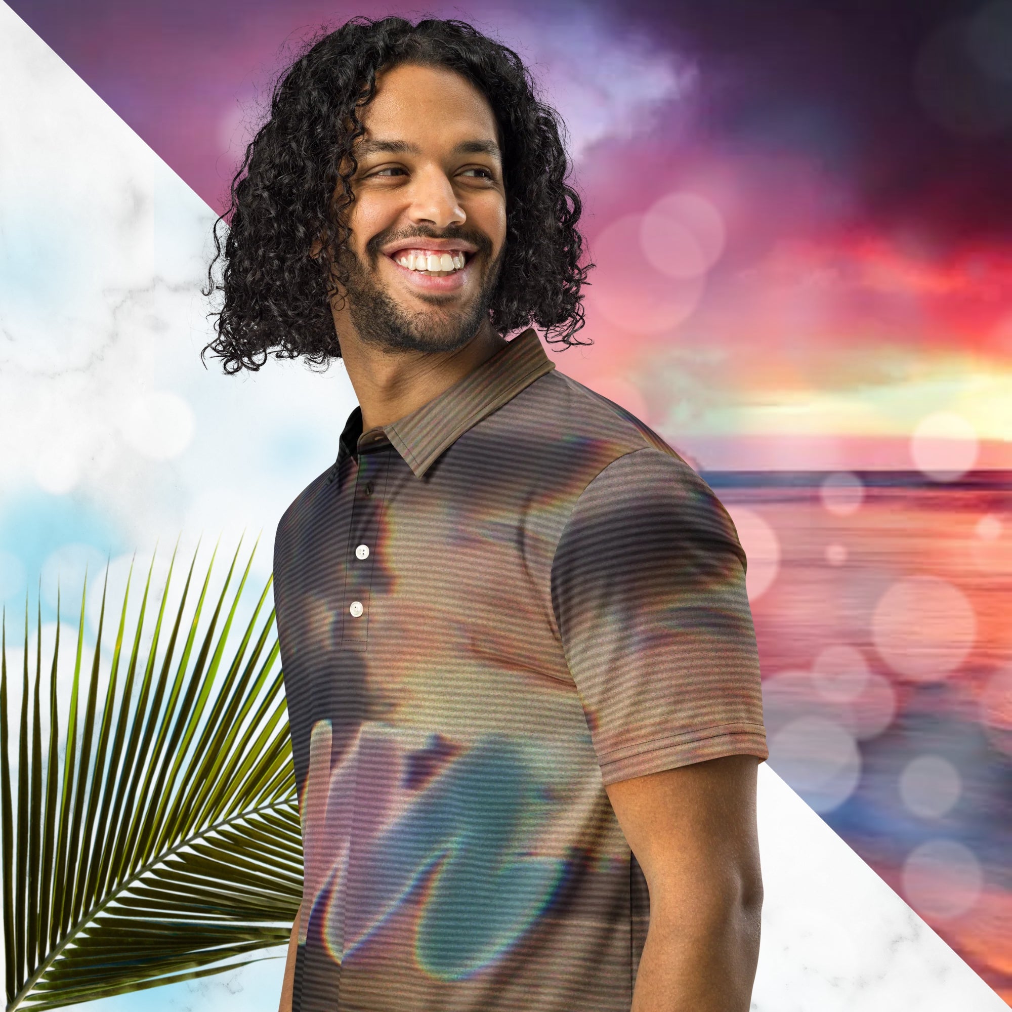Multicolored all over print polo shirt depicting a sunset with an overall amber hue and grey clouds with RGB glow and distortion effects and scan lines blending with the image overlayed with a large Neon Pools abstract zigzag emblem fading from coral to violet to teal in a retro spray paint effect