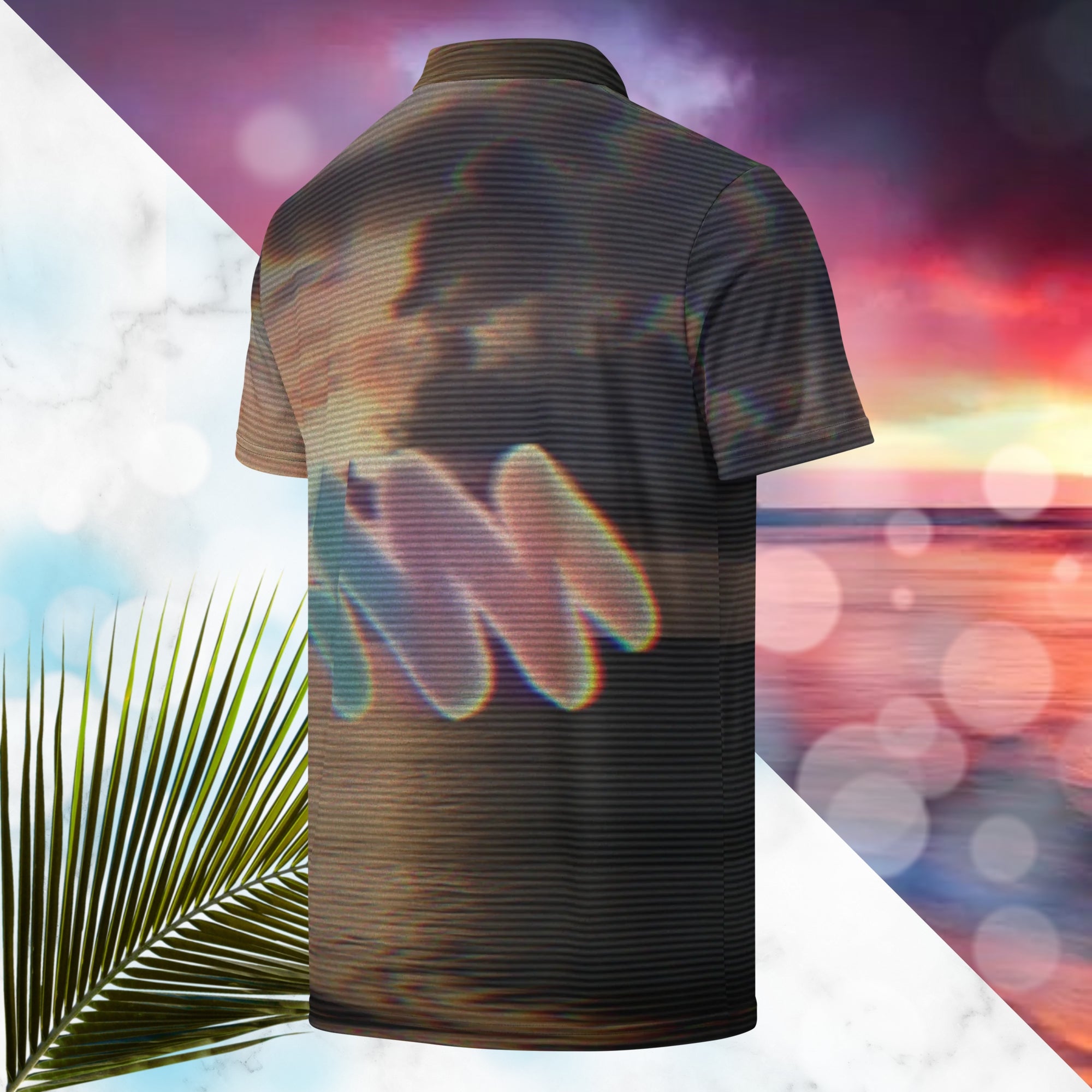 Multicolored all over print polo shirt depicting a sunset with an overall amber hue and grey clouds with RGB glow and distortion effects and scan lines blending with the image overlayed with a large Neon Pools abstract zigzag emblem fading from coral to violet to teal in a retro spray paint effect
