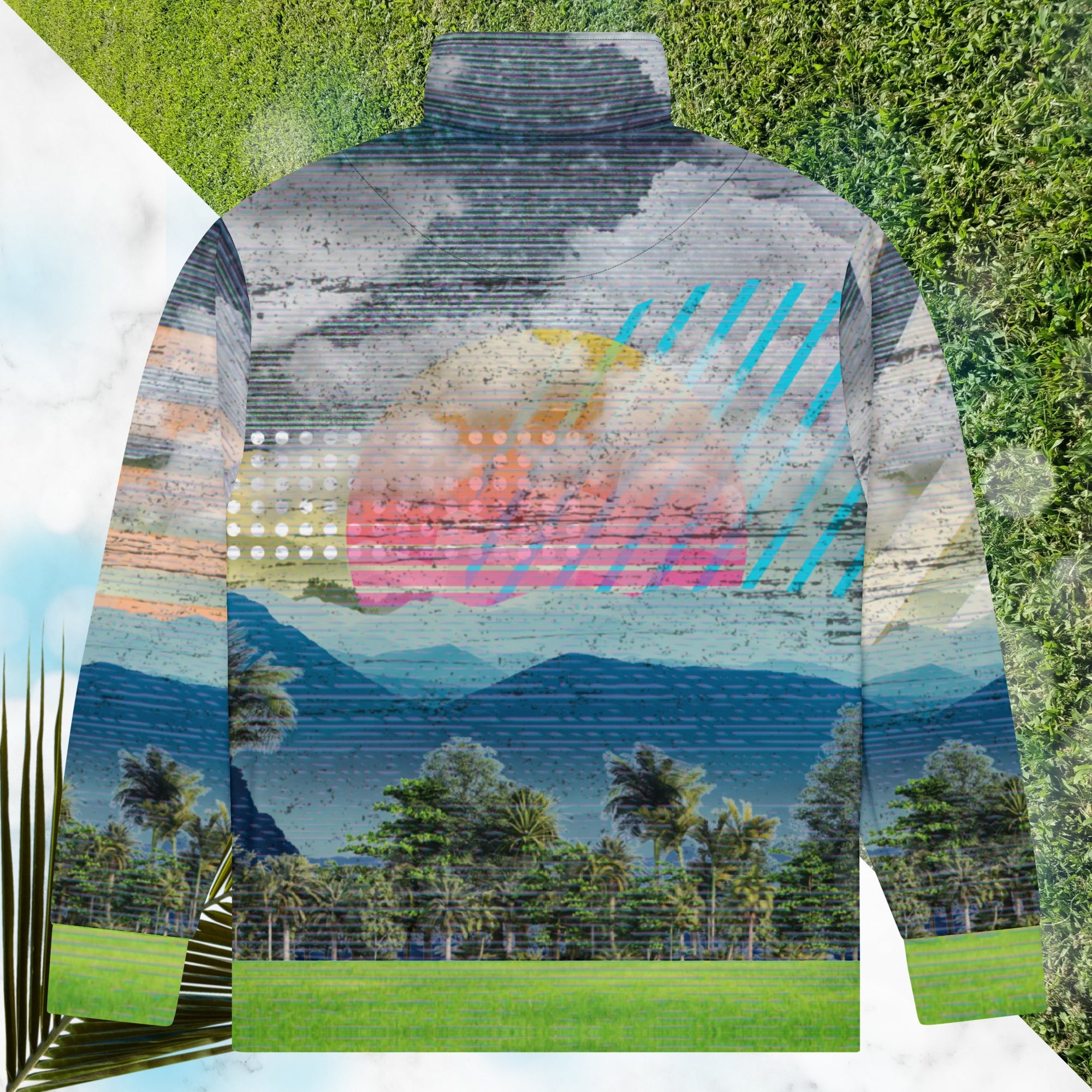Colorful vaporwave and memphis design inspired all over print track jacket depicting a foreground of grass and palm trees with a backdrop of mountains more mountains and a sky filled with retro neon orange to yellow cascading bold zigzags and a vaporwave broken sun on the back with lots of clouds various bars and geometric shapes on the sleeves with Neon Pools magenta and blue vaporwave sun and waves logo at left chest