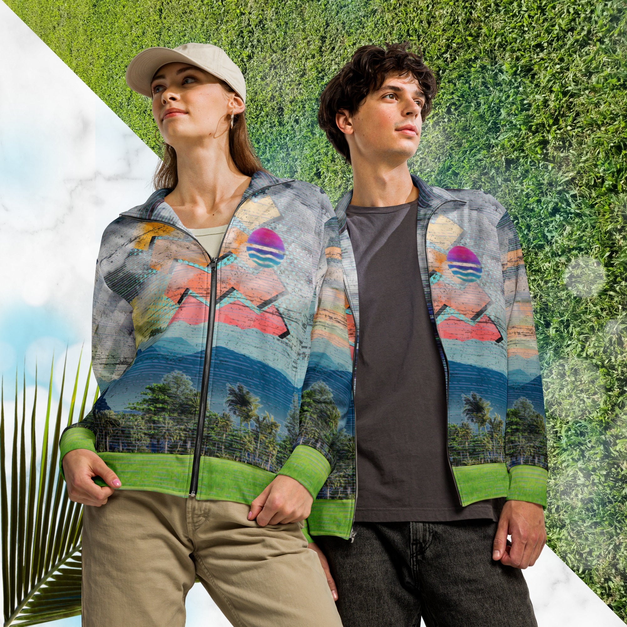 Colorful vaporwave and memphis design inspired all over print track jacket depicting a foreground of grass and palm trees with a backdrop of mountains more mountains and a sky filled with retro neon orange to yellow cascading bold zigzags and a vaporwave broken sun on the back with lots of clouds various bars and geometric shapes on the sleeves with Neon Pools magenta and blue vaporwave sun and waves logo at left chest
