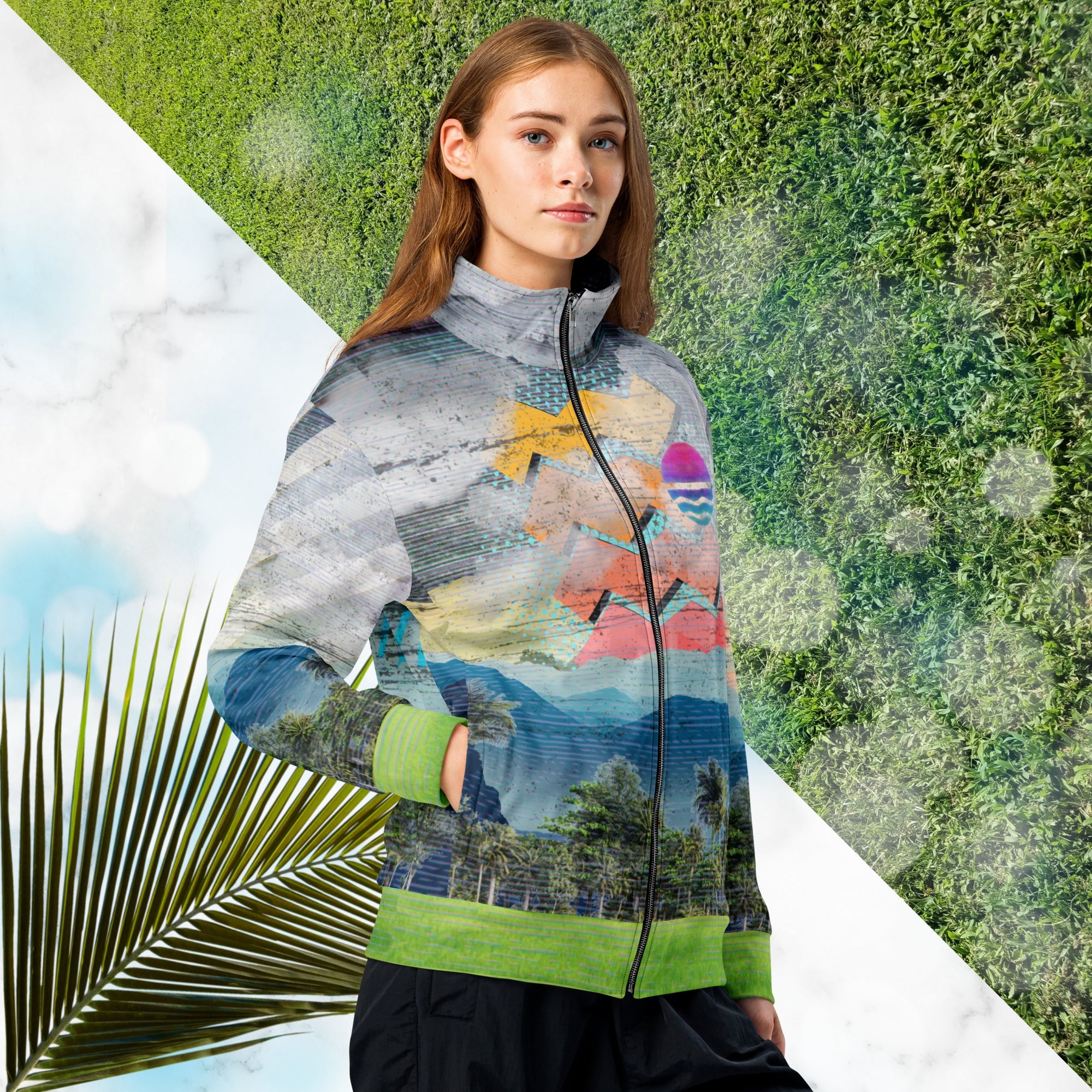 Colorful vaporwave and memphis design inspired all over print track jacket depicting a foreground of grass and palm trees with a backdrop of mountains more mountains and a sky filled with retro neon orange to yellow cascading bold zigzags and a vaporwave broken sun on the back with lots of clouds various bars and geometric shapes on the sleeves with Neon Pools magenta and blue vaporwave sun and waves logo at left chest