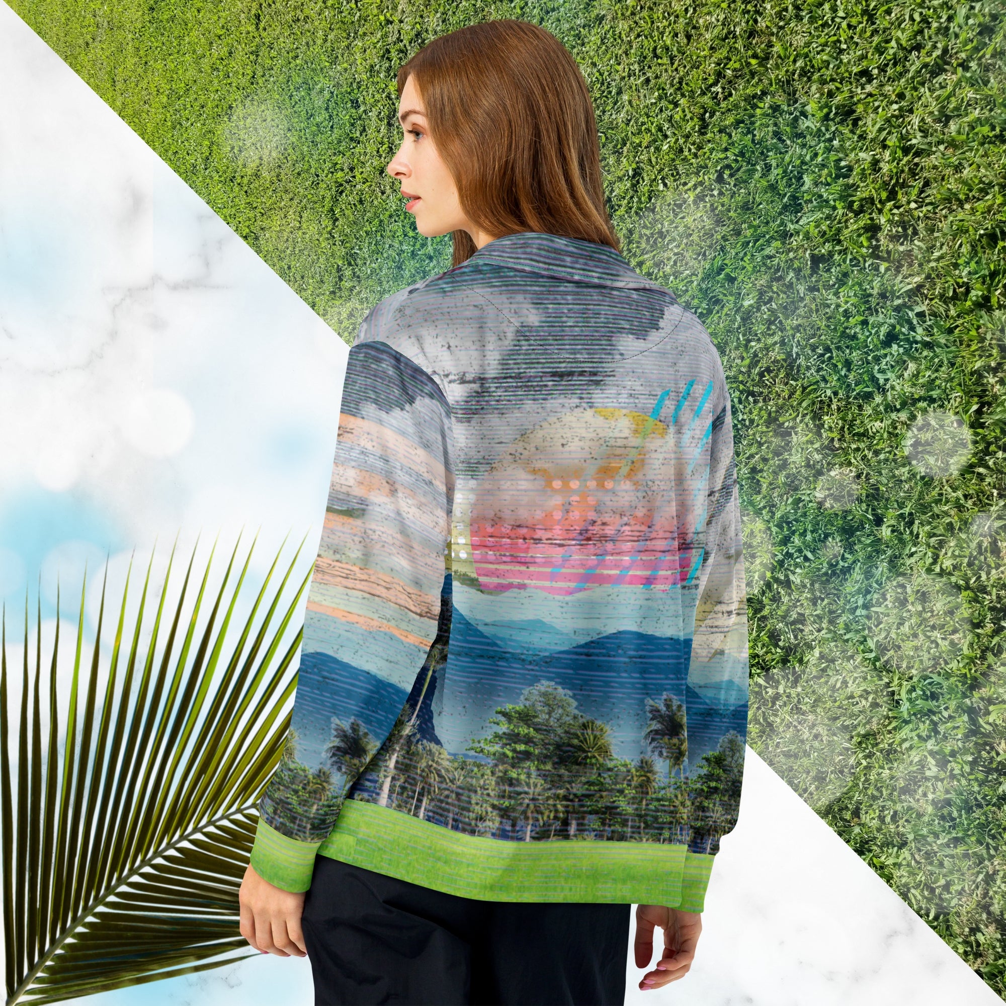 Colorful vaporwave and memphis design inspired all over print track jacket depicting a foreground of grass and palm trees with a backdrop of mountains more mountains and a sky filled with retro neon orange to yellow cascading bold zigzags and a vaporwave broken sun on the back with lots of clouds various bars and geometric shapes on the sleeves with Neon Pools magenta and blue vaporwave sun and waves logo at left chest