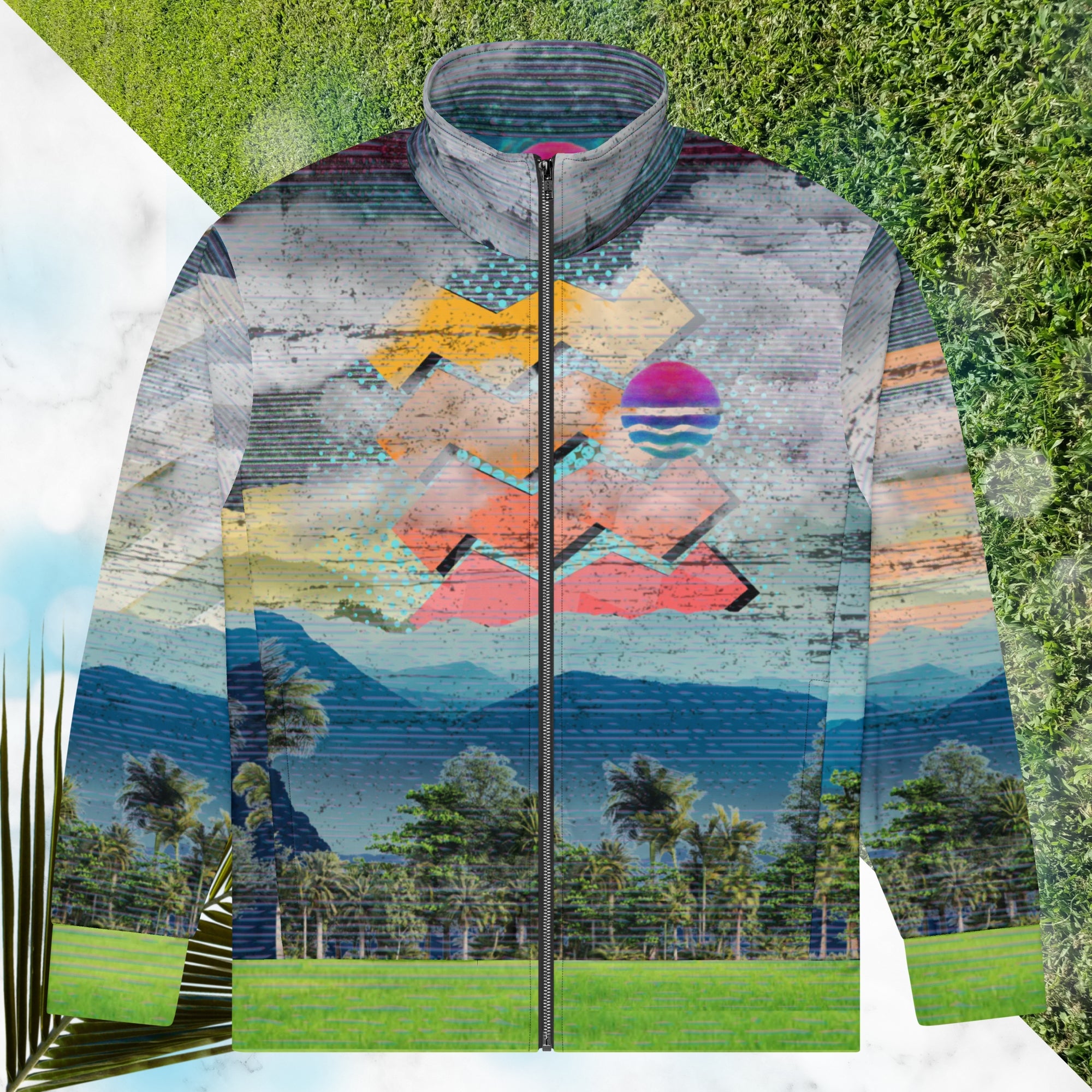 Colorful vaporwave and memphis design inspired all over print track jacket depicting a foreground of grass and palm trees with a backdrop of mountains more mountains and a sky filled with retro neon orange to yellow cascading bold zigzags and a vaporwave broken sun on the back with lots of clouds various bars and geometric shapes on the sleeves with Neon Pools magenta and blue vaporwave sun and waves logo at left chest