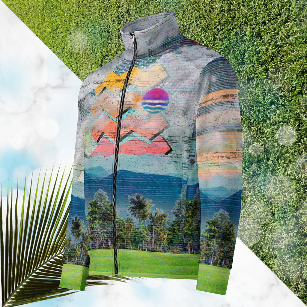 Colorful vaporwave and memphis design inspired all over print track jacket depicting a foreground of grass and palm trees with a backdrop of mountains more mountains and a sky filled with retro neon orange to yellow cascading bold zigzags and a vaporwave broken sun on the back with lots of clouds various bars and geometric shapes on the sleeves with Neon Pools magenta and blue vaporwave sun and waves logo at left chest