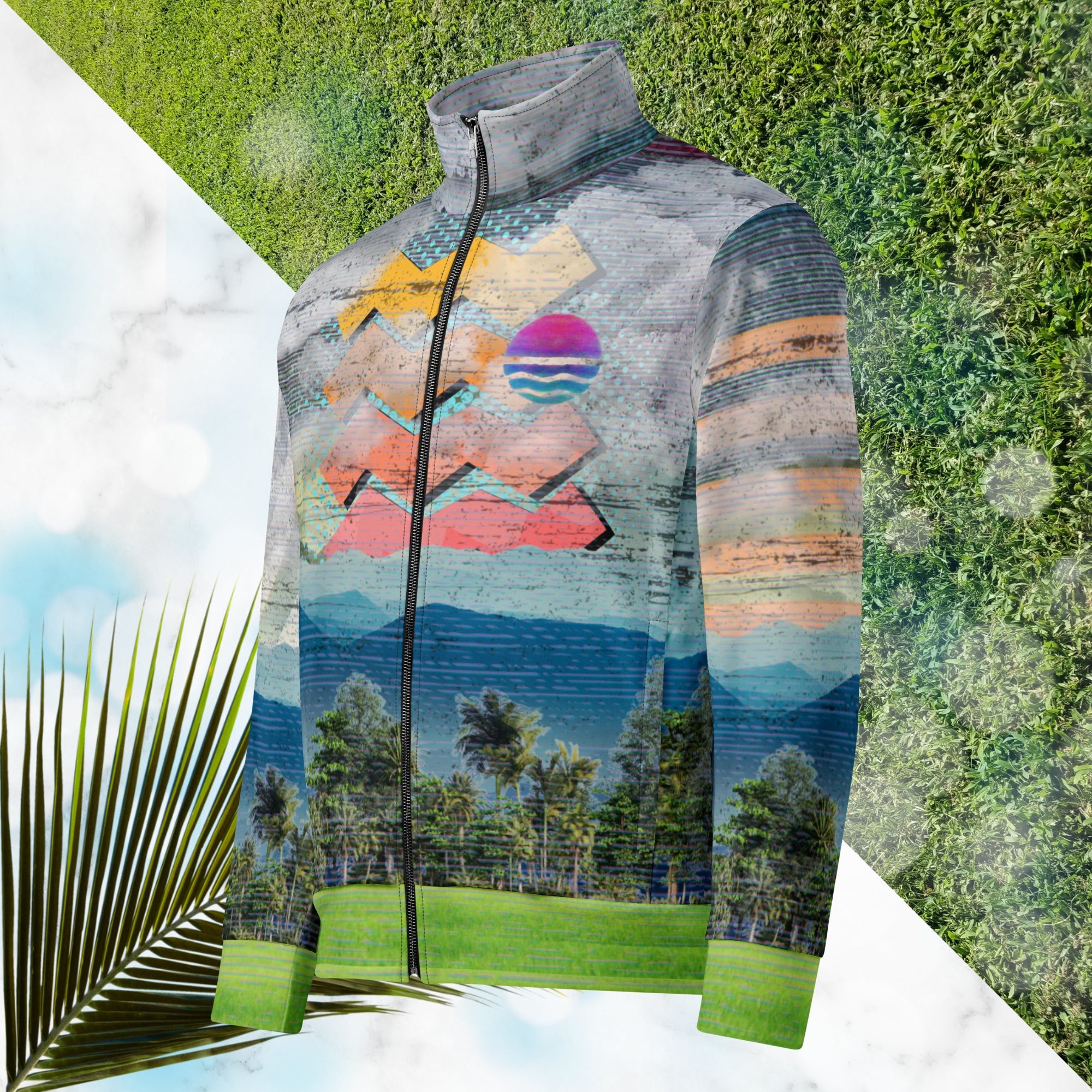 Colorful vaporwave and memphis design inspired all over print track jacket depicting a foreground of grass and palm trees with a backdrop of mountains more mountains and a sky filled with retro neon orange to yellow cascading bold zigzags and a vaporwave broken sun on the back with lots of clouds various bars and geometric shapes on the sleeves with Neon Pools magenta and blue vaporwave sun and waves logo at left chest