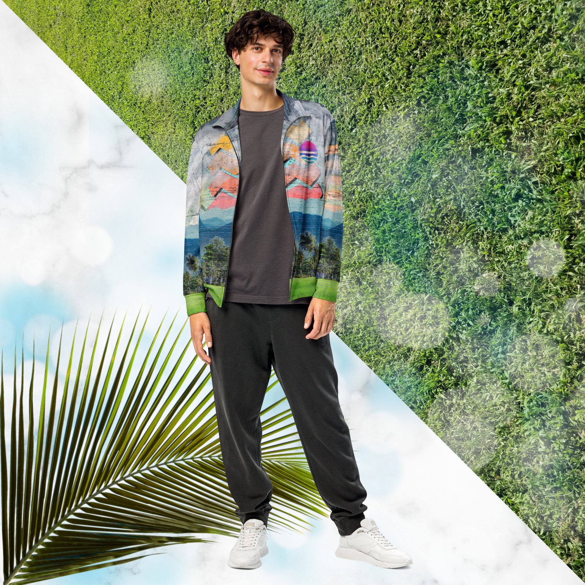 Colorful vaporwave and memphis design inspired all over print track jacket depicting a foreground of grass and palm trees with a backdrop of mountains more mountains and a sky filled with retro neon orange to yellow cascading bold zigzags and a vaporwave broken sun on the back with lots of clouds various bars and geometric shapes on the sleeves with Neon Pools magenta and blue vaporwave sun and waves logo at left chest
