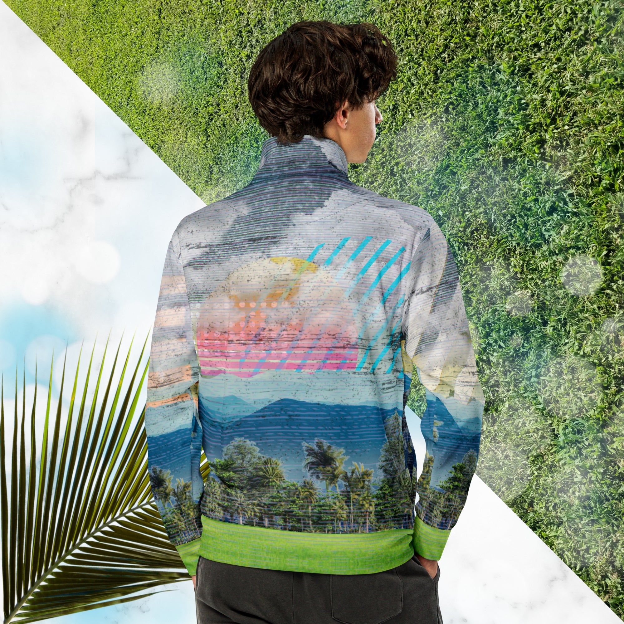 Colorful vaporwave and memphis design inspired all over print track jacket depicting a foreground of grass and palm trees with a backdrop of mountains more mountains and a sky filled with retro neon orange to yellow cascading bold zigzags and a vaporwave broken sun on the back with lots of clouds various bars and geometric shapes on the sleeves with Neon Pools magenta and blue vaporwave sun and waves logo at left chest