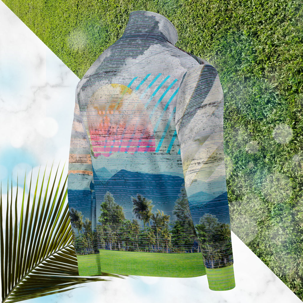 Colorful vaporwave and memphis design inspired all over print track jacket depicting a foreground of grass and palm trees with a backdrop of mountains more mountains and a sky filled with retro neon orange to yellow cascading bold zigzags and a vaporwave broken sun on the back with lots of clouds various bars and geometric shapes on the sleeves with Neon Pools magenta and blue vaporwave sun and waves logo at left chest