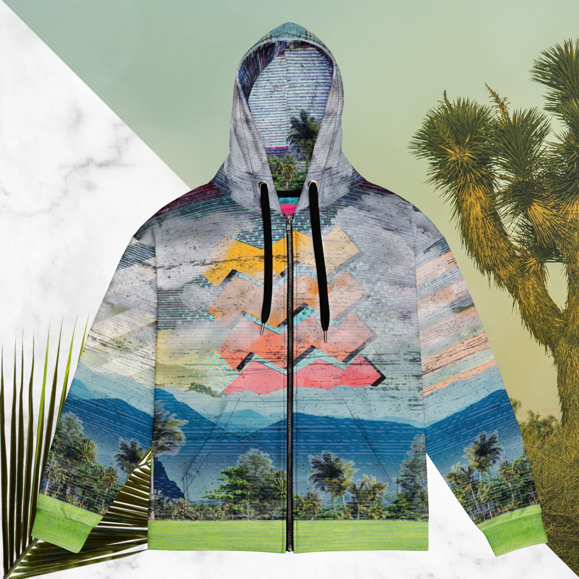 Colorful vaporwave and memphis design inspired all over print zip hoodie depicting a foreground of grass and palm trees with a backdrop of mountains more mountains and a sky filled with retro yellow orange salmon and red cascading bold zigzags tv scan lines turquoise dots and vaporwave broken sun on the back with clouds diagonal white stripes on right sleeve horizontal orange stripes on left sleeve