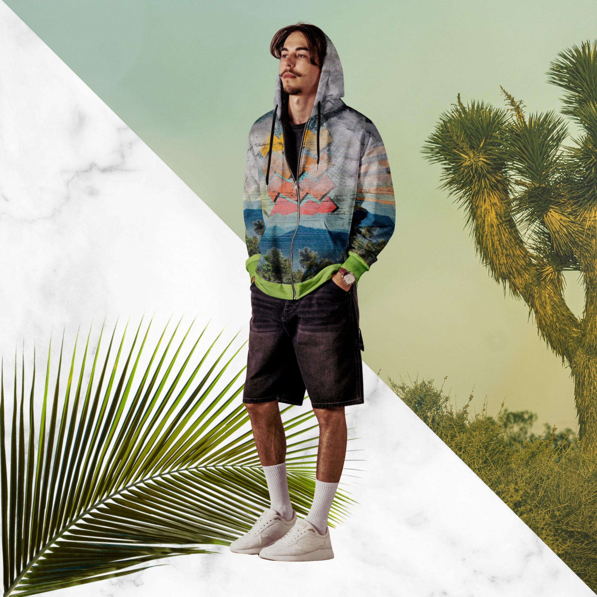 Colorful vaporwave and memphis design inspired all over print zip hoodie depicting a foreground of grass and palm trees with a backdrop of mountains more mountains and a sky filled with retro yellow orange salmon and red cascading bold zigzags tv scan lines turquoise dots and vaporwave broken sun on the back with clouds diagonal white stripes on right sleeve horizontal orange stripes on left sleeve