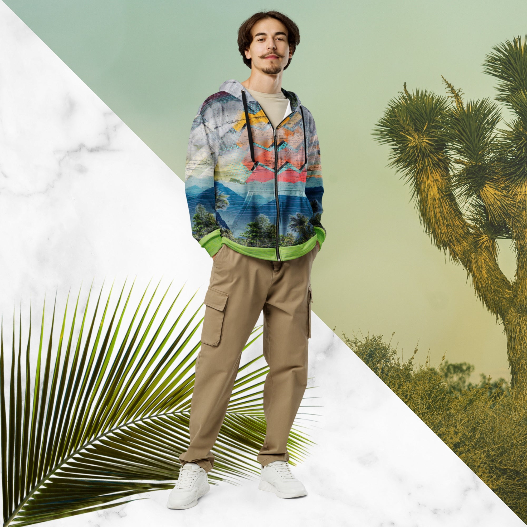 Colorful vaporwave and memphis design inspired all over print zip hoodie depicting a foreground of grass and palm trees with a backdrop of mountains more mountains and a sky filled with retro yellow orange salmon and red cascading bold zigzags tv scan lines turquoise dots and vaporwave broken sun on the back with clouds diagonal white stripes on right sleeve horizontal orange stripes on left sleeve