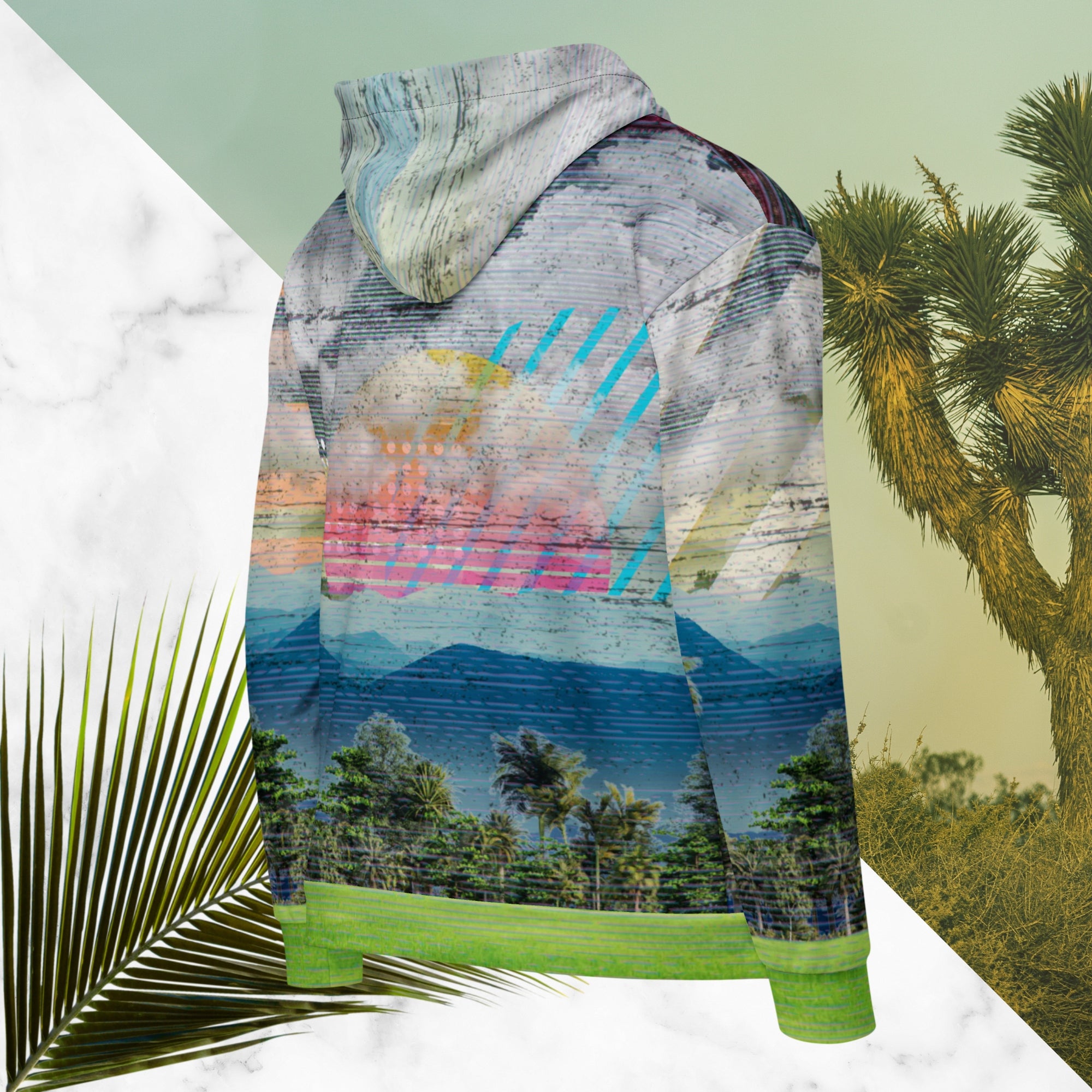 Colorful vaporwave and memphis design inspired all over print zip hoodie depicting a foreground of grass and palm trees with a backdrop of mountains more mountains and a sky filled with retro yellow orange salmon and red cascading bold zigzags tv scan lines turquoise dots and vaporwave broken sun on the back with clouds diagonal white stripes on right sleeve horizontal orange stripes on left sleeve