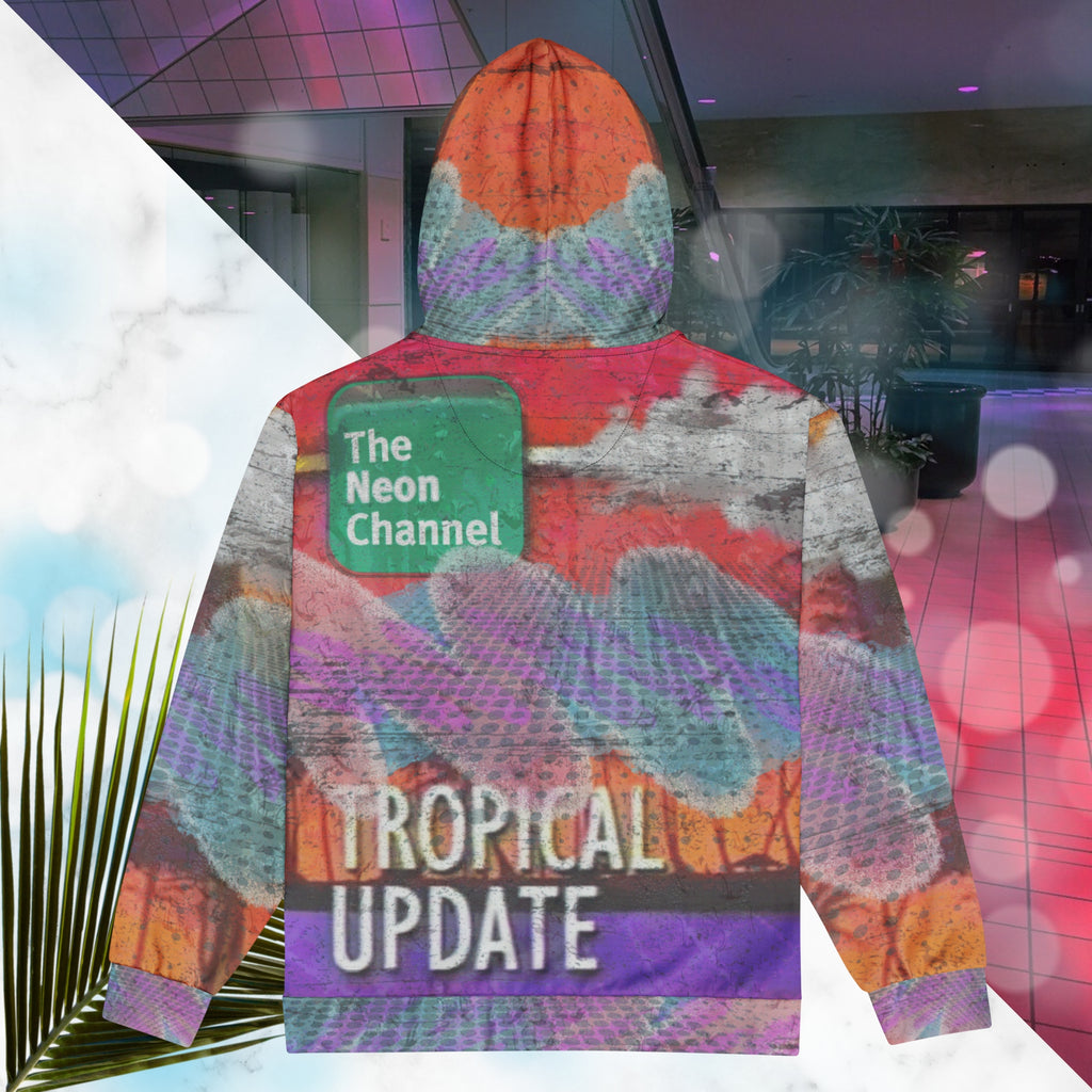 Vibrant multicolored all over print zip hoodie with retro tv weather broadcast graphics featuring a logo that says The Neon Channel and the words tropical update teal and purple retro zigzag tropical sunset in brilliant oranges and reds with clouds 90s distortion blue dots graphics