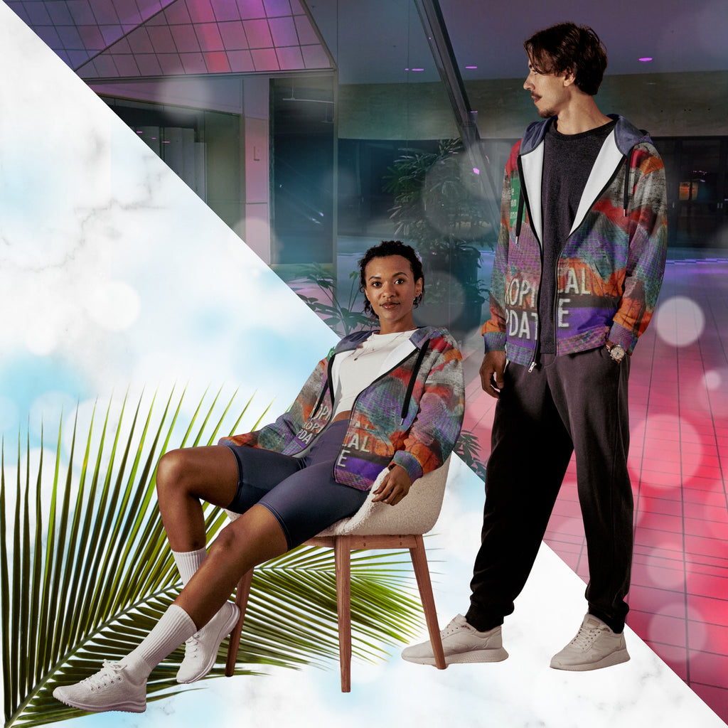 Vibrant multicolored all over print zip hoodie with retro tv weather broadcast graphics featuring a logo that says The Neon Channel and the words tropical update teal and purple retro zigzag tropical sunset in brilliant oranges and reds with clouds 90s distortion blue dots graphics