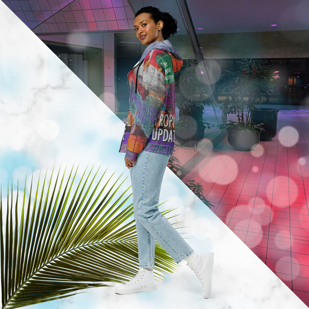 Vibrant multicolored all over print zip hoodie with retro tv weather broadcast graphics featuring a logo that says The Neon Channel and the words tropical update teal and purple retro zigzag tropical sunset in brilliant oranges and reds with clouds 90s distortion blue dots graphics