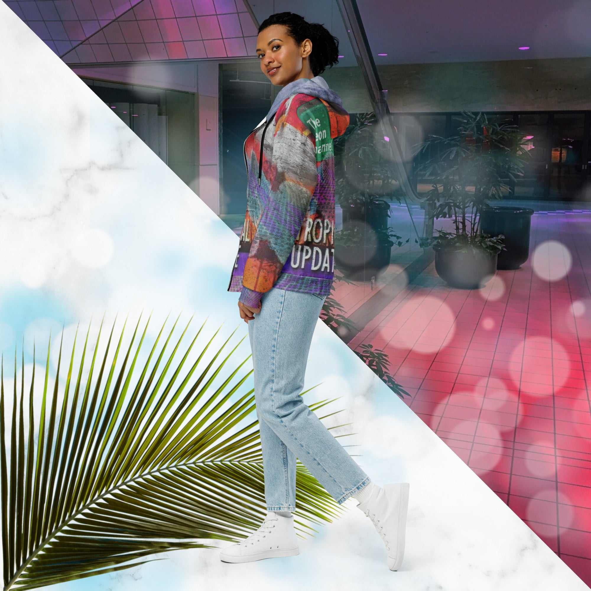 Vibrant multicolored all over print zip hoodie with retro tv weather broadcast graphics featuring a logo that says The Neon Channel and the words tropical update teal and purple retro zigzag tropical sunset in brilliant oranges and reds with clouds 90s distortion blue dots graphics