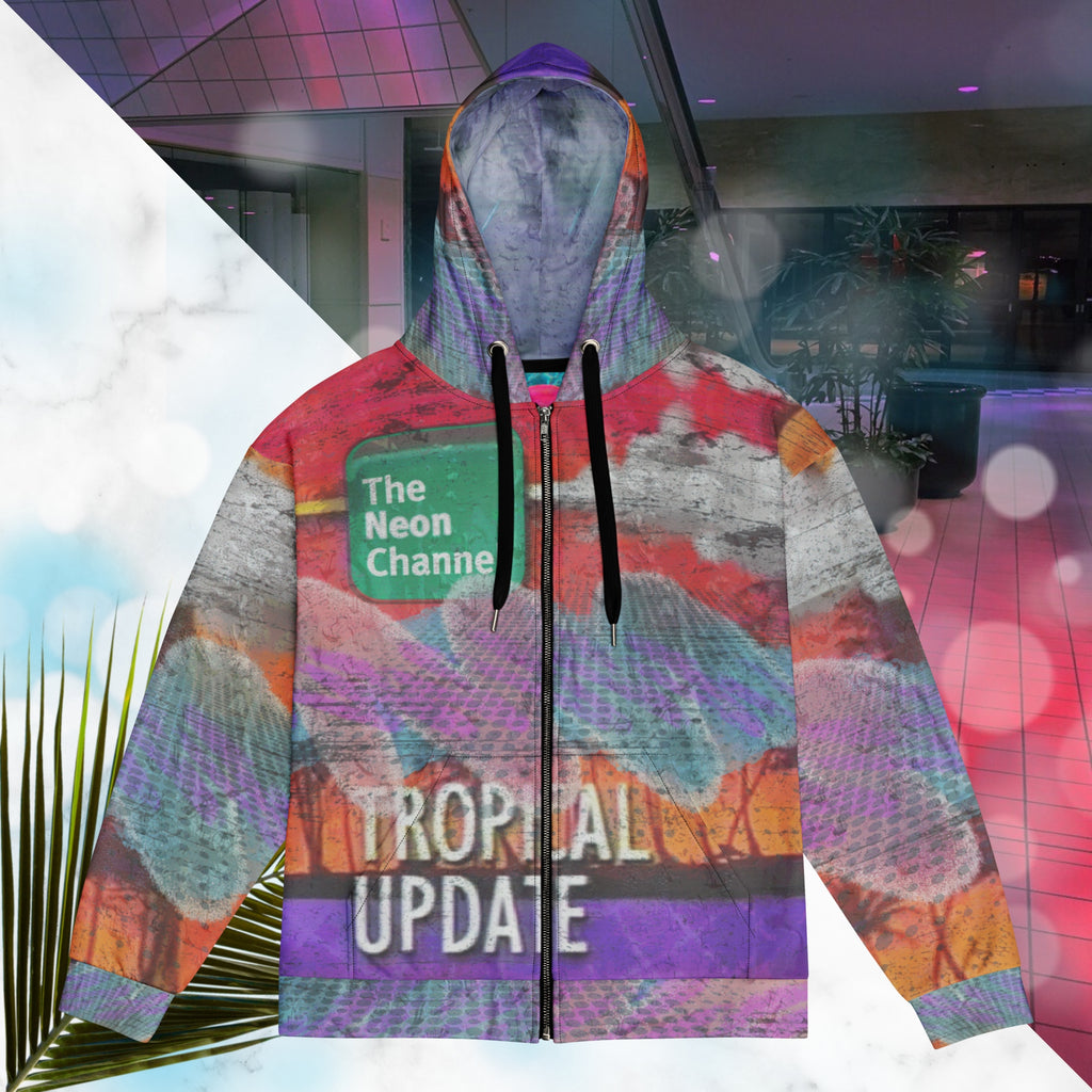 Vibrant multicolored all over print zip hoodie with retro tv weather broadcast graphics featuring a logo that says The Neon Channel and the words tropical update teal and purple retro zigzag tropical sunset in brilliant oranges and reds with clouds 90s distortion blue dots graphics