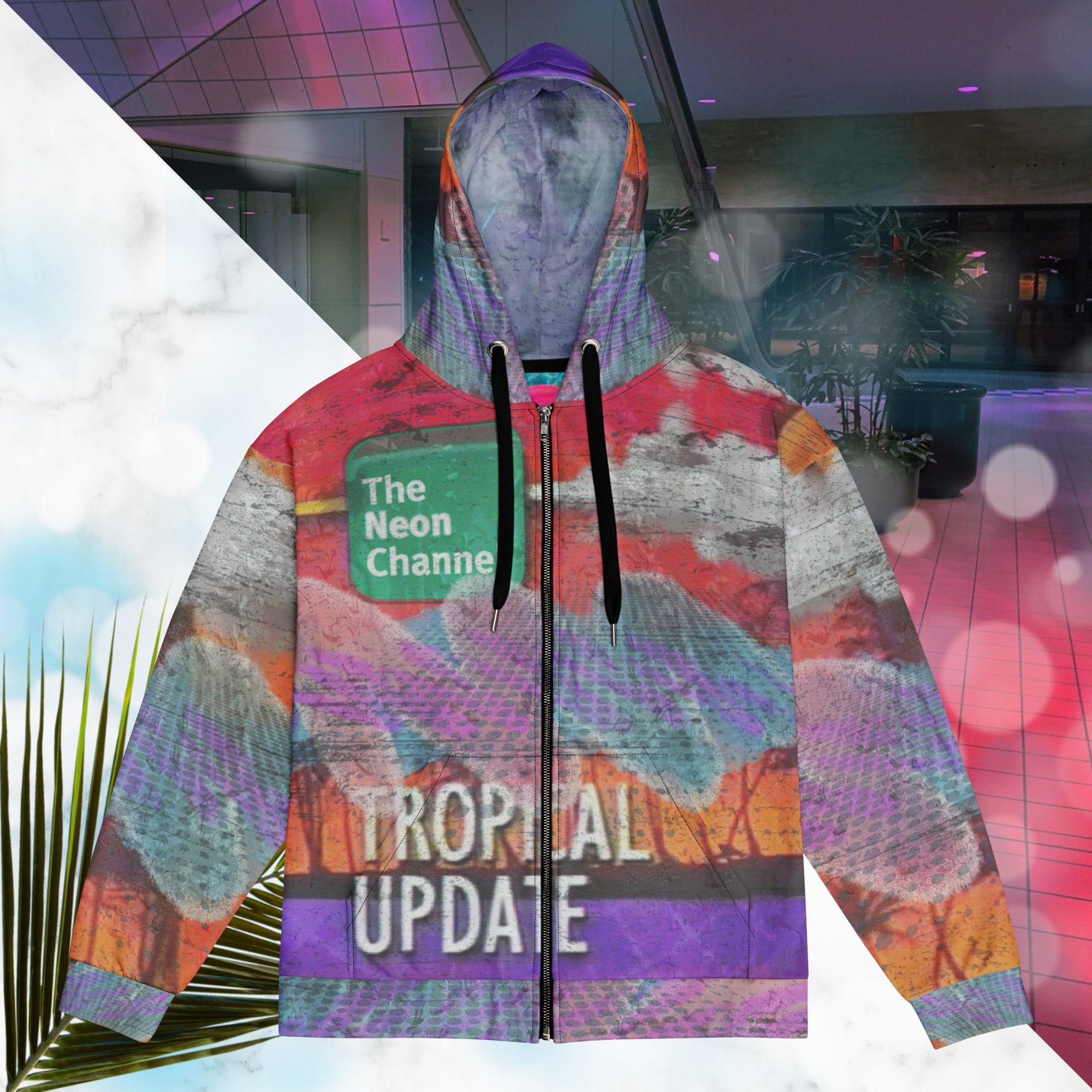 Vibrant multicolored all over print zip hoodie with retro tv weather broadcast graphics featuring a logo that says The Neon Channel and the words tropical update teal and purple retro zigzag tropical sunset in brilliant oranges and reds with clouds 90s distortion blue dots graphics