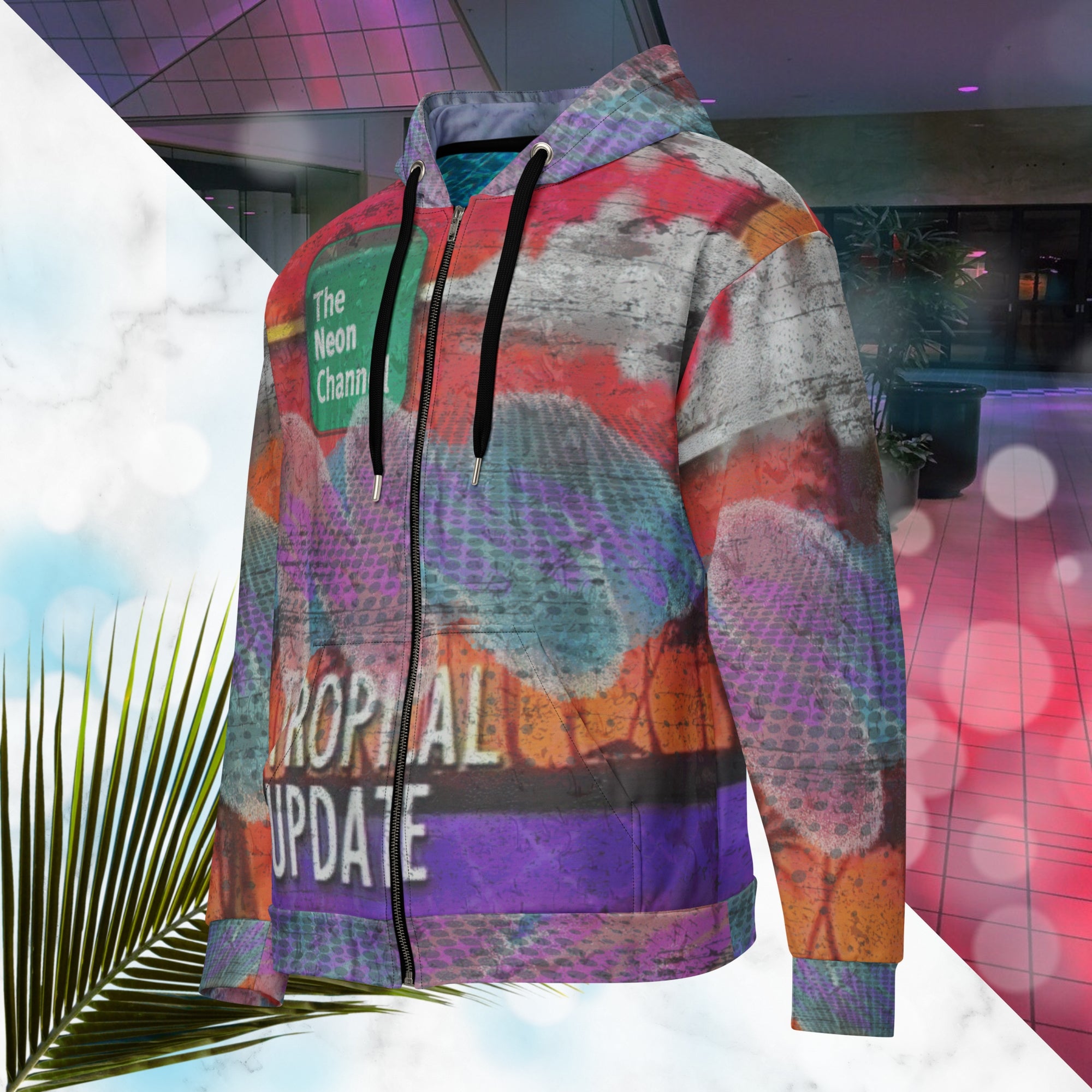 Vibrant multicolored all over print zip hoodie with retro tv weather broadcast graphics featuring a logo that says The Neon Channel and the words tropical update teal and purple retro zigzag tropical sunset in brilliant oranges and reds with clouds 90s distortion blue dots graphics