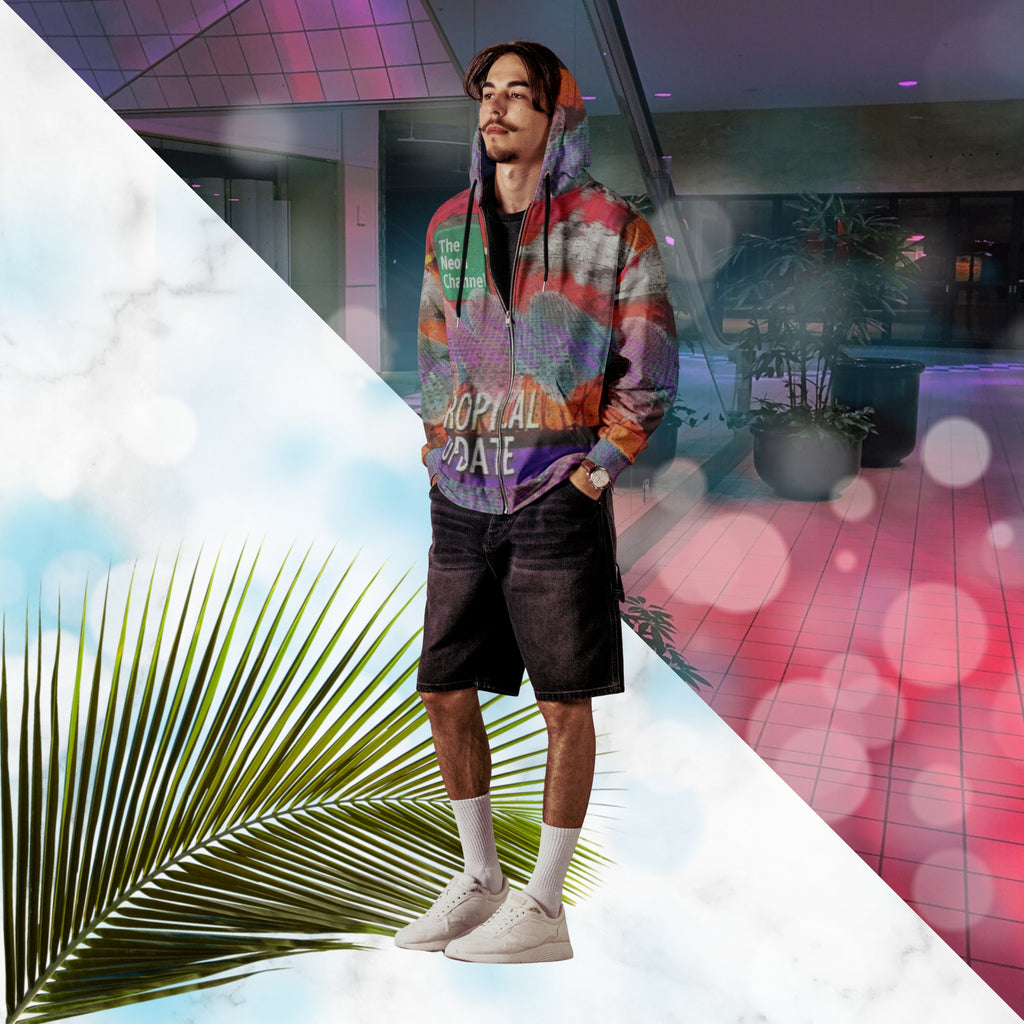 Vibrant multicolored all over print zip hoodie with retro tv weather broadcast graphics featuring a logo that says The Neon Channel and the words tropical update teal and purple retro zigzag tropical sunset in brilliant oranges and reds with clouds 90s distortion blue dots graphics