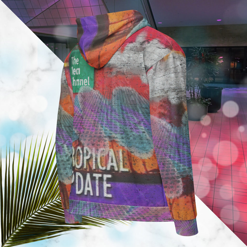 Vibrant multicolored all over print zip hoodie with retro tv weather broadcast graphics featuring a logo that says The Neon Channel and the words tropical update teal and purple retro zigzag tropical sunset in brilliant oranges and reds with clouds 90s distortion blue dots graphics