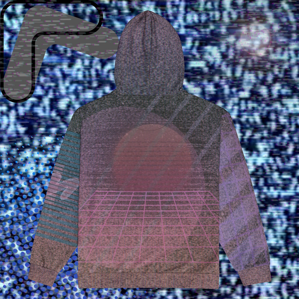 All over print zip hoodie with a background of TV static the front depicting a city skyline at night with a foreground of palm trees overlayed with bold transparent teal slashes and coral pink right facing triangles in a memphis design style pattern right sleeve has 4 bold diagonal bands of orange fading to purple overlayed with a pink grid left sleeve is coral pink shapes and teal bars with the Neon Pools squiggle design the back has a 3d pink grid and two overlapping broken suns and vertical slashes