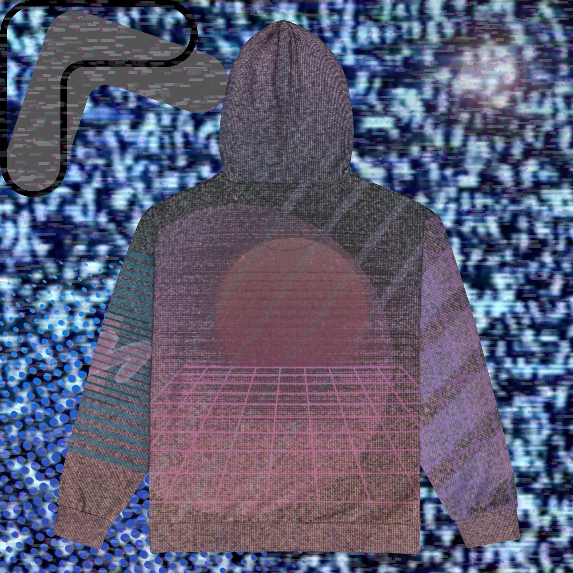 All over print zip hoodie with a background of TV static the front depicting a city skyline at night with a foreground of palm trees overlayed with bold transparent teal slashes and coral pink right facing triangles in a memphis design style pattern right sleeve has 4 bold diagonal bands of orange fading to purple overlayed with a pink grid left sleeve is coral pink shapes and teal bars with the Neon Pools squiggle design the back has a 3d pink grid and two overlapping broken suns and vertical slashes