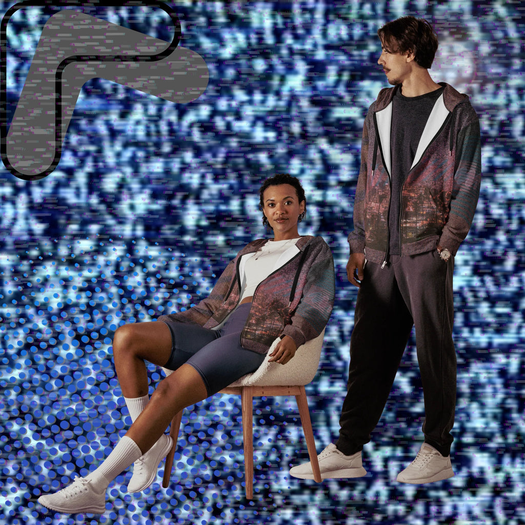All over print zip hoodie with a background of TV static the front depicting a city skyline at night with a foreground of palm trees overlayed with bold transparent teal slashes and coral pink right facing triangles in a memphis design style pattern right sleeve has 4 bold diagonal bands of orange fading to purple overlayed with a pink grid left sleeve is coral pink shapes and teal bars with the Neon Pools squiggle design the back has a 3d pink grid and two overlapping broken suns and vertical slashes