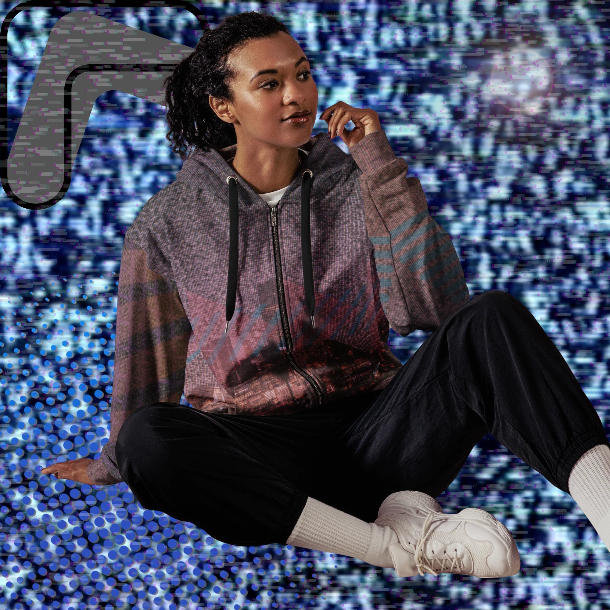 All over print zip hoodie with a background of TV static the front depicting a city skyline at night with a foreground of palm trees overlayed with bold transparent teal slashes and coral pink right facing triangles in a memphis design style pattern right sleeve has 4 bold diagonal bands of orange fading to purple overlayed with a pink grid left sleeve is coral pink shapes and teal bars with the Neon Pools squiggle design the back has a 3d pink grid and two overlapping broken suns and vertical slashes