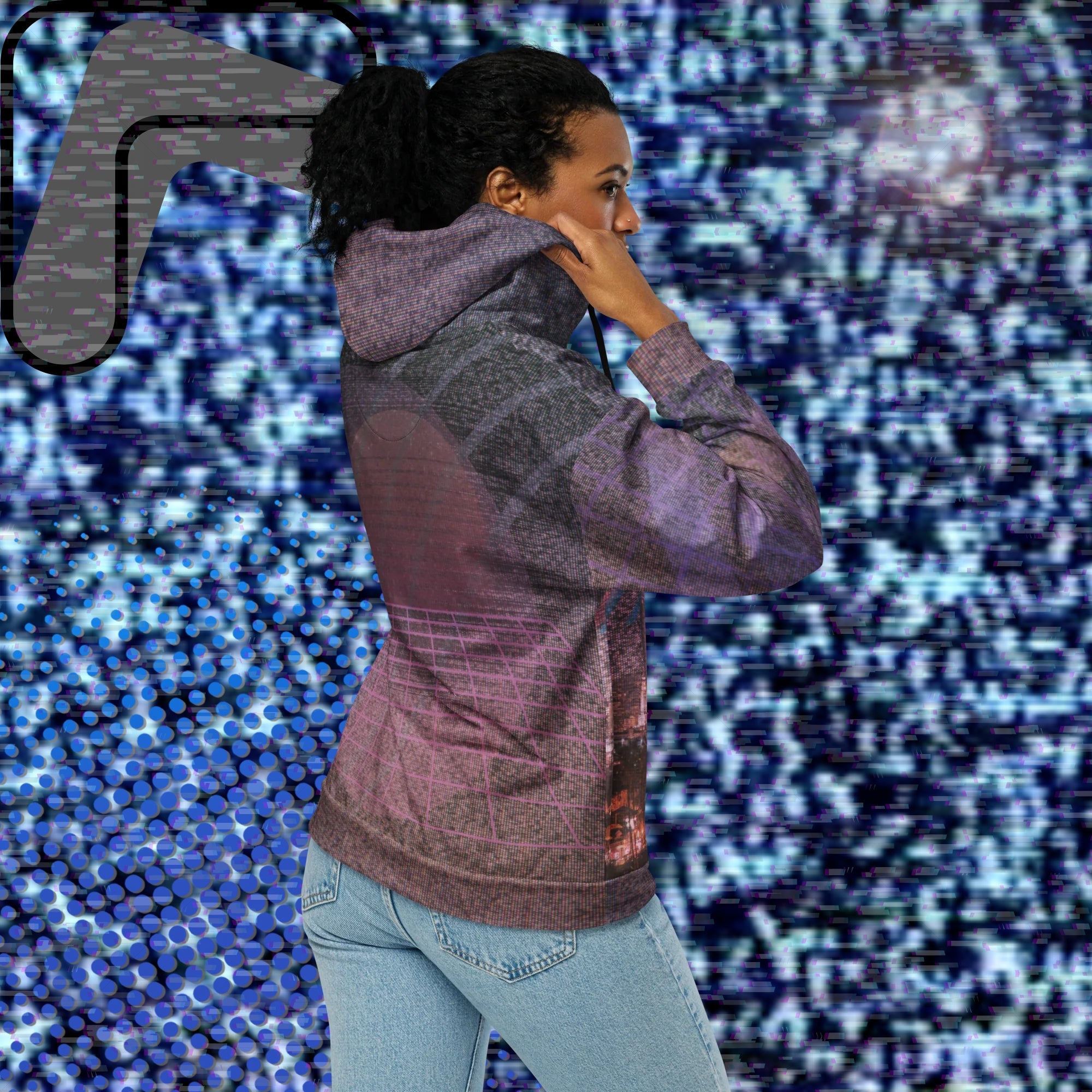 All over print zip hoodie with a background of TV static the front depicting a city skyline at night with a foreground of palm trees overlayed with bold transparent teal slashes and coral pink right facing triangles in a memphis design style pattern right sleeve has 4 bold diagonal bands of orange fading to purple overlayed with a pink grid left sleeve is coral pink shapes and teal bars with the Neon Pools squiggle design the back has a 3d pink grid and two overlapping broken suns and vertical slashes